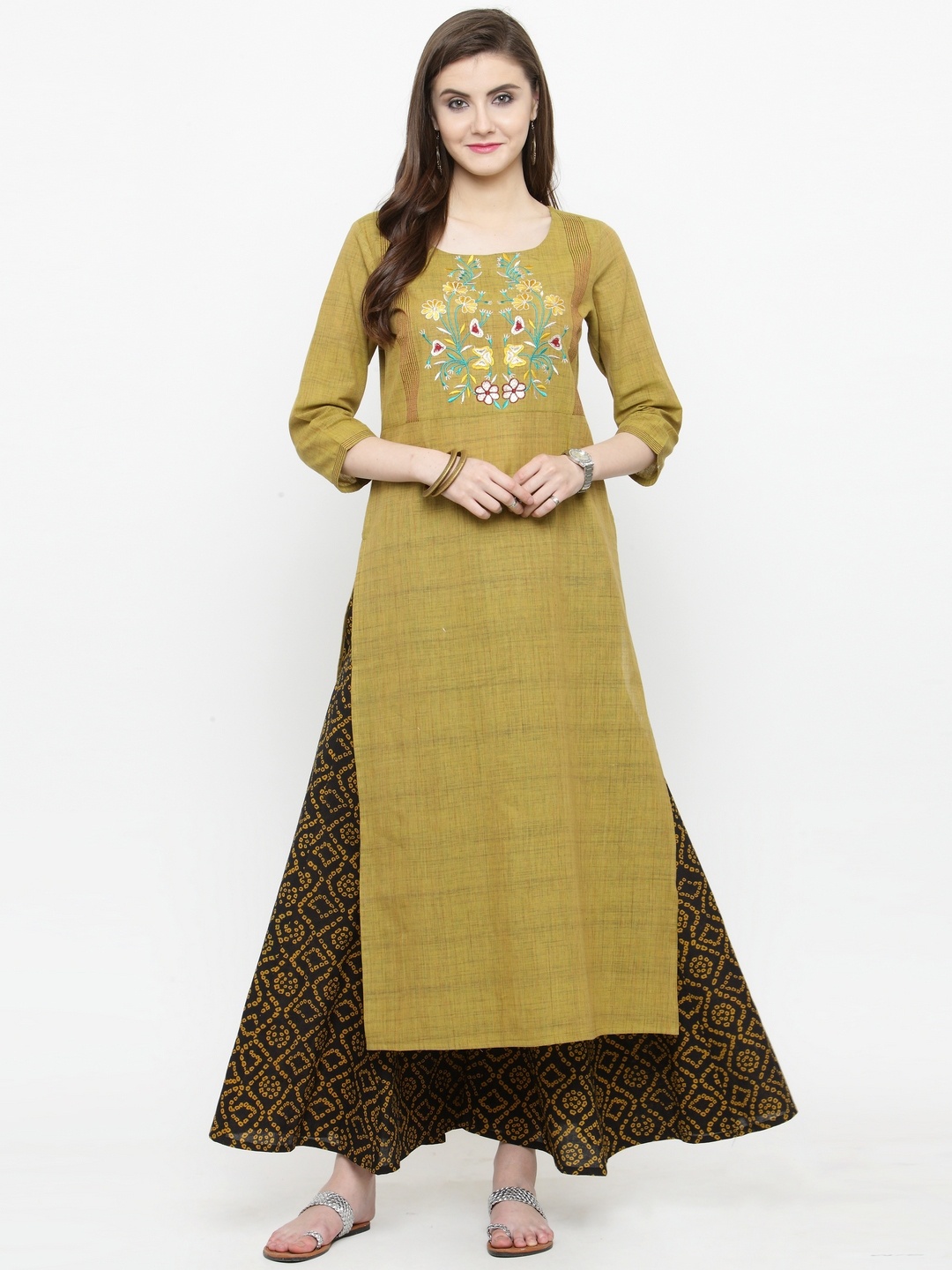 

Varanga Olive Embroidered Kurta With Bandhani Flared Palazzo