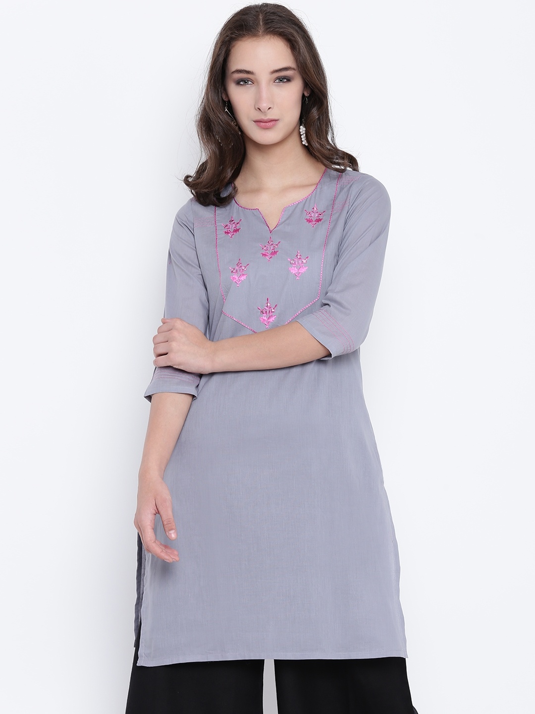 

Karigari Women Grey & Pink Embroidered Straight Kurta