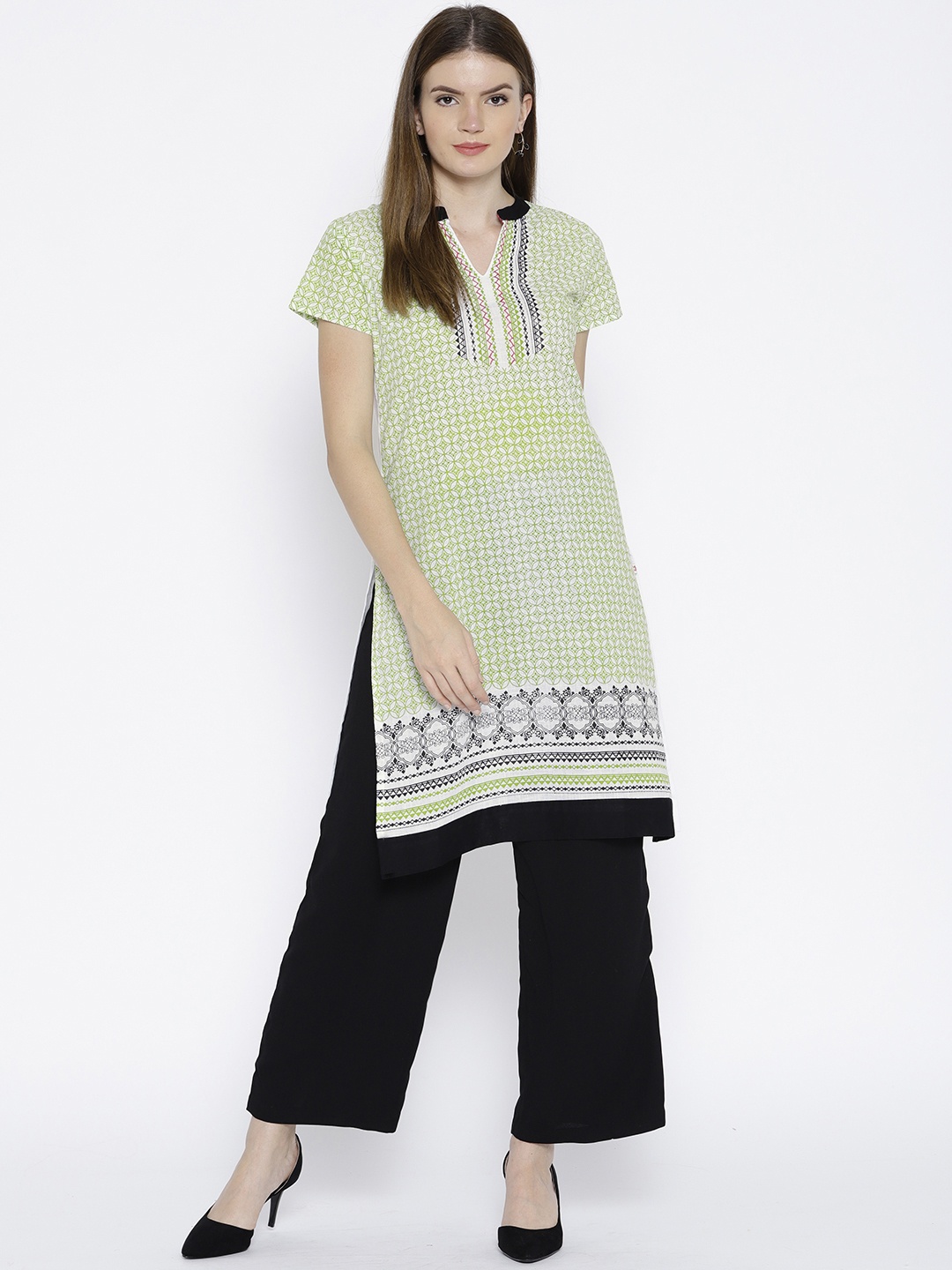 

Karigari Women Green & White Printed A-Line Kurta