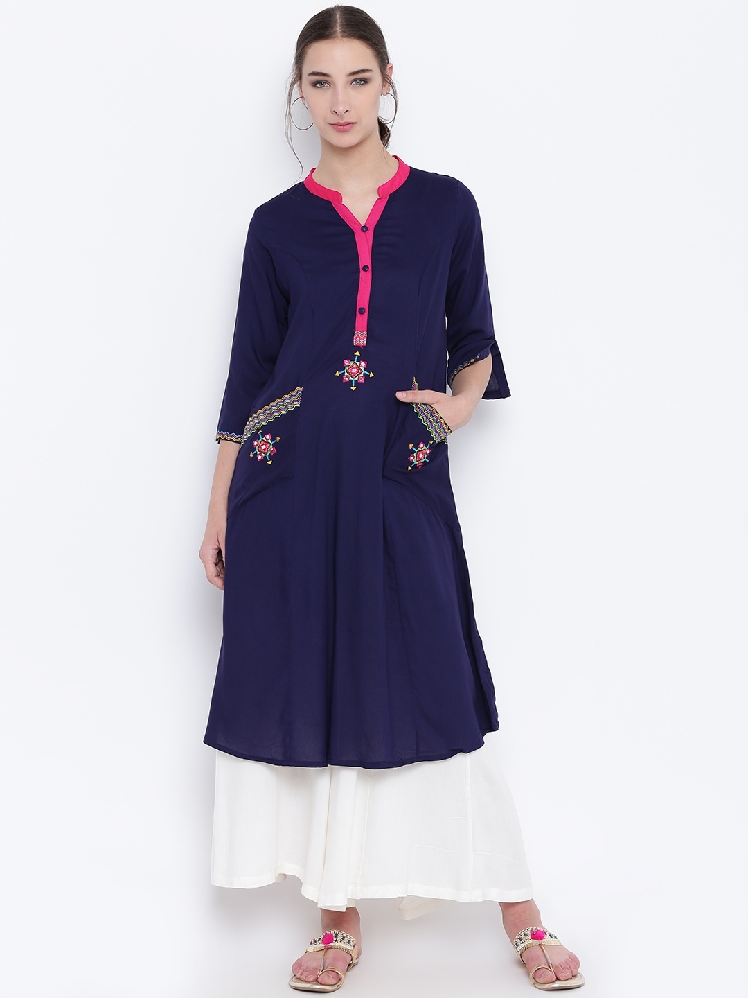 

Anahi Women Navy Blue Embroidered A-Line Kurta