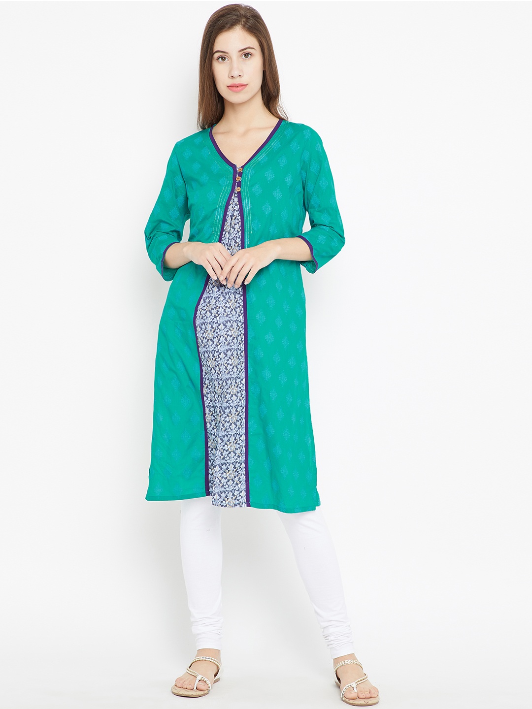 

Karigari Women Green & Blue Printed Panelled Straight Kurta