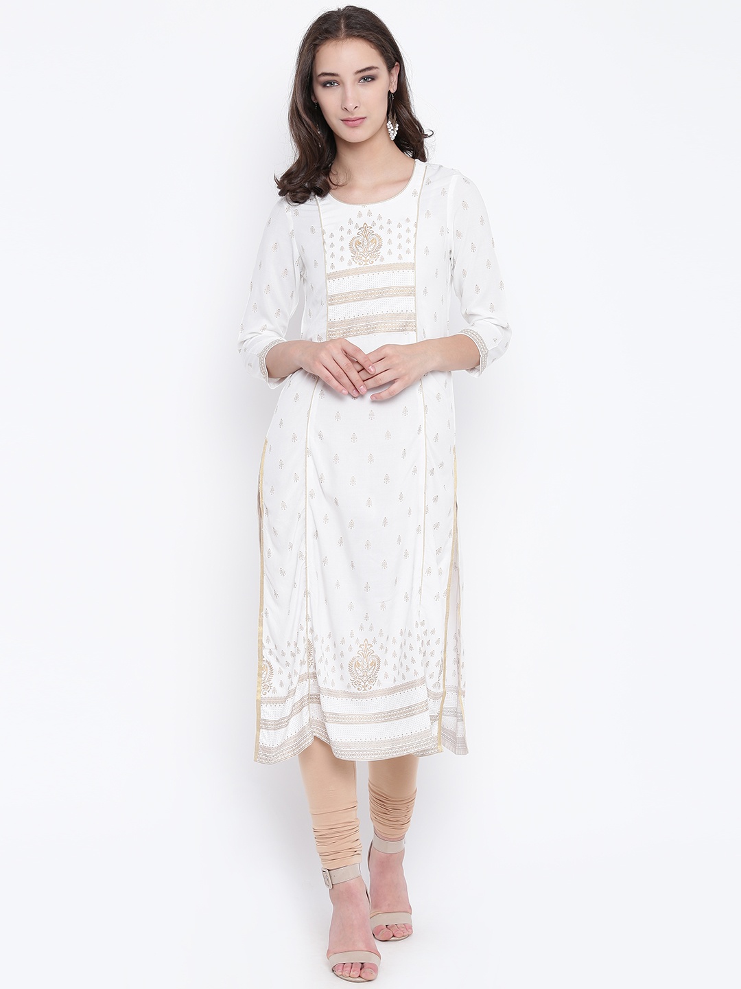 

Anahi Women Off-White & Golden Printed A-Line Kurta