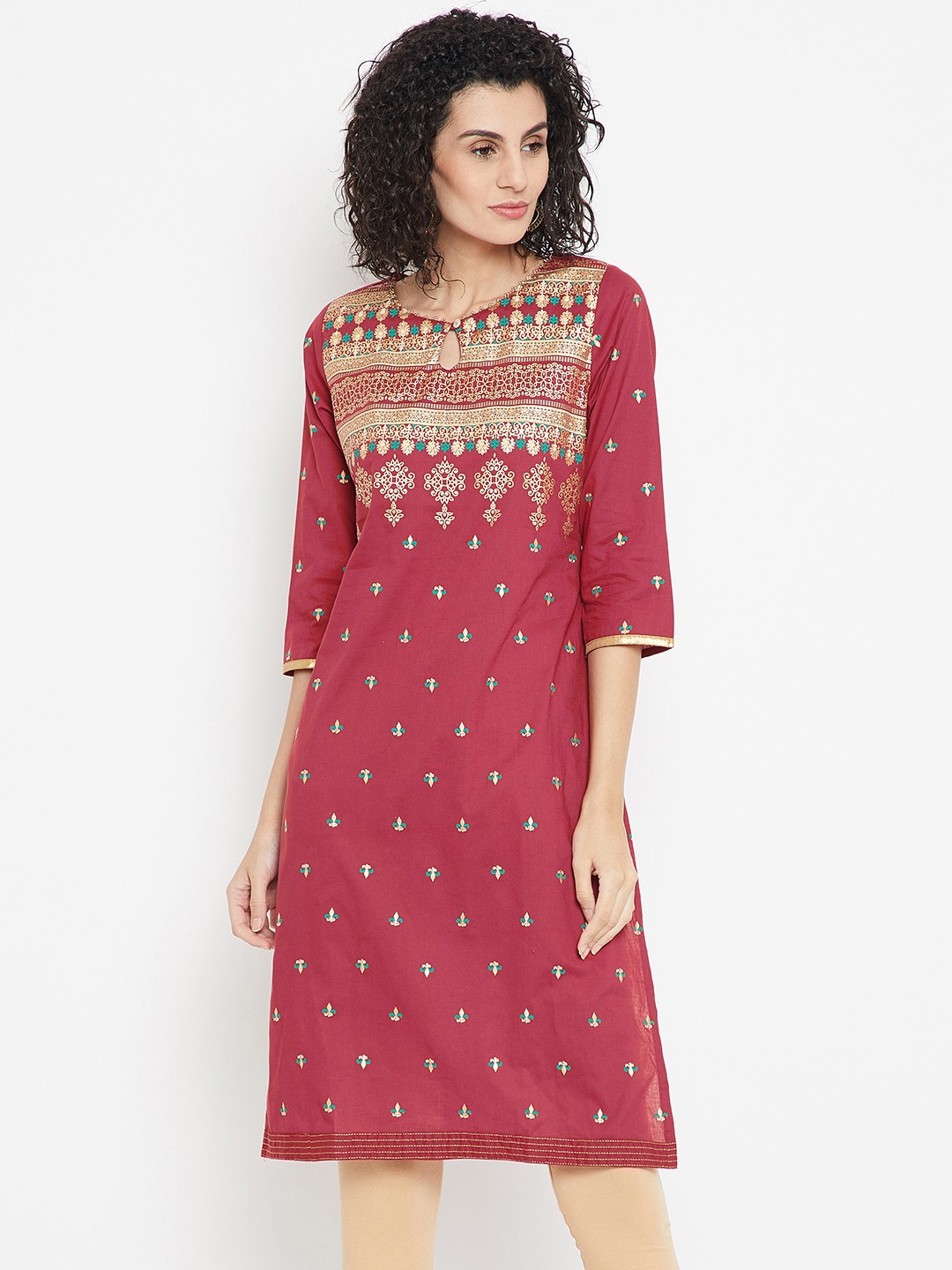 

Karigari Women Maroon Printed Straight Kurta