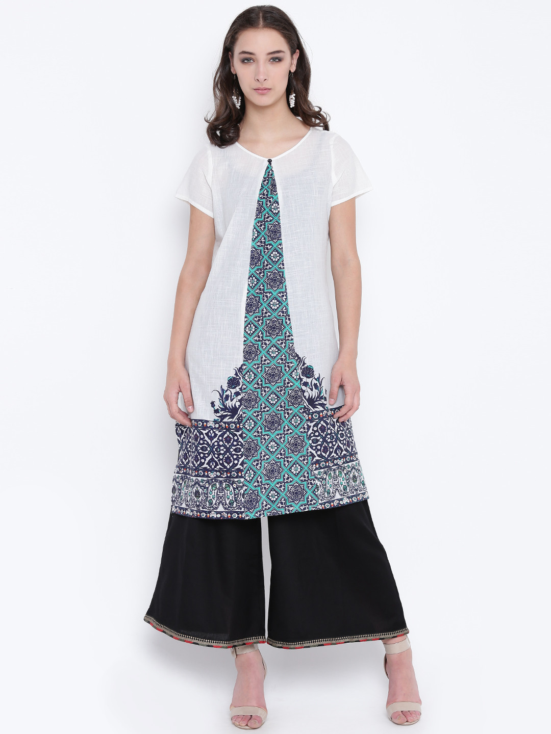

Karigari Women White & Green Printed A-Line Kurta