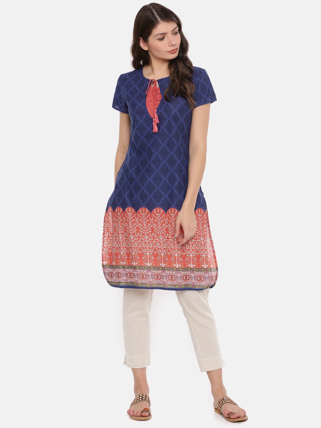 

Karigari Women Navy Blue & Red Printed Straight Kurta