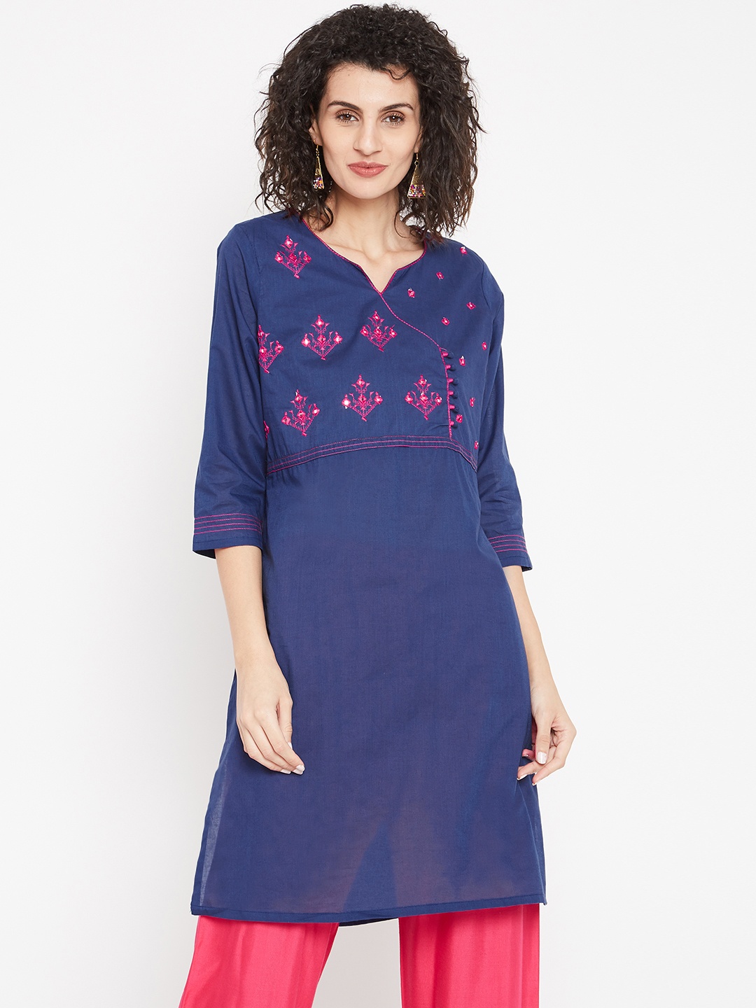 

Karigari Women Navy Blue Yoke Design Straight Kurta