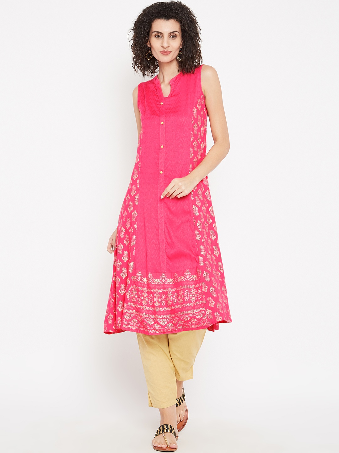 

Anahi Women Pink & Golden Printed A-Line Kurta