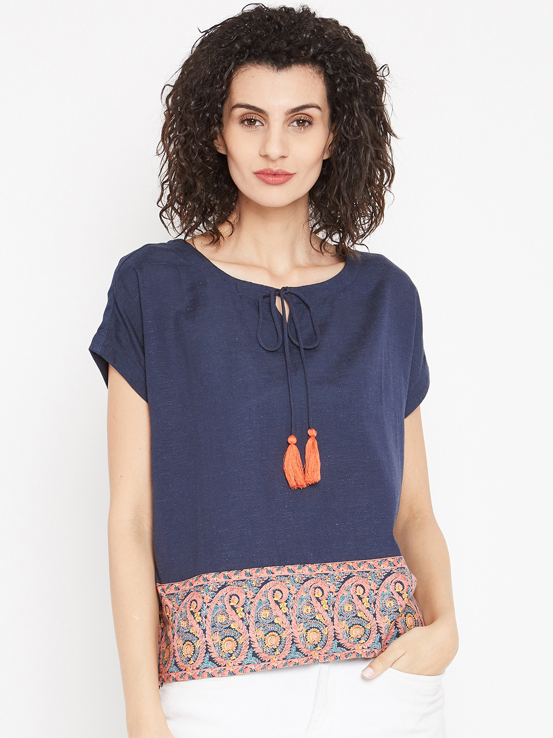 

Bronz Women Navy Blue Solid Boxy Top