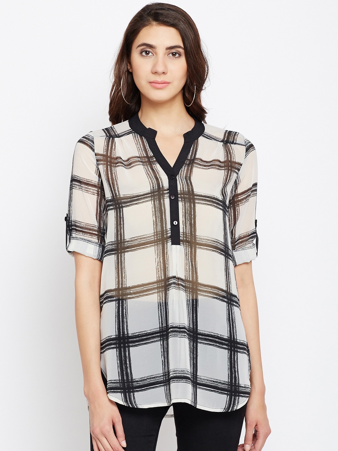 

Ruhaans Women Off-White Checked High-Low Top