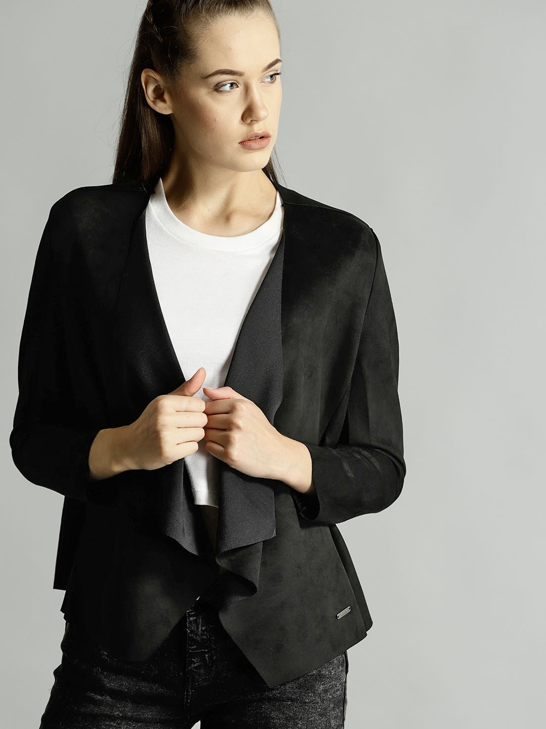 

Roadster Women Black Solid Suede Finish Waterfall Shrug