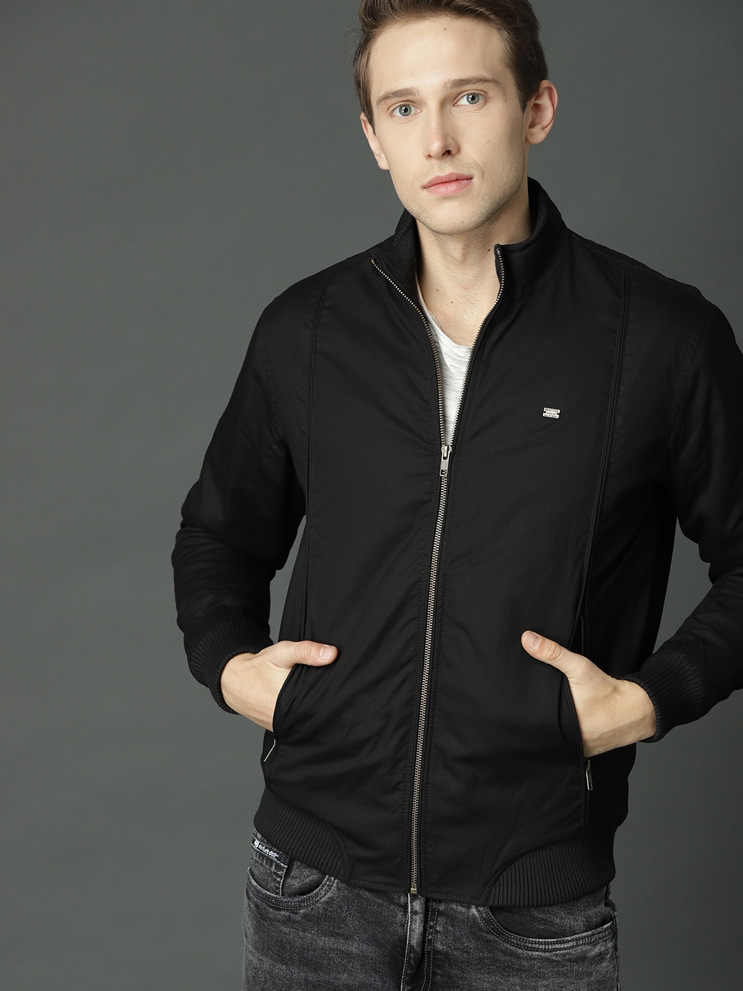 

Roadster Men Black Solid Bomber Jacket