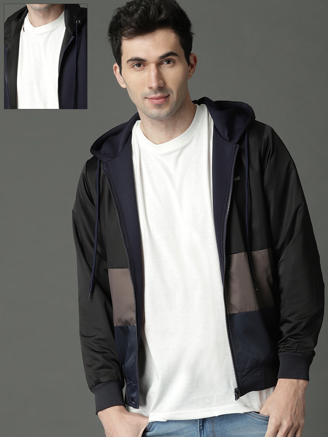 

Roadster Men Black & Navy Blue Colourblocked Hooded Reversible Jacket