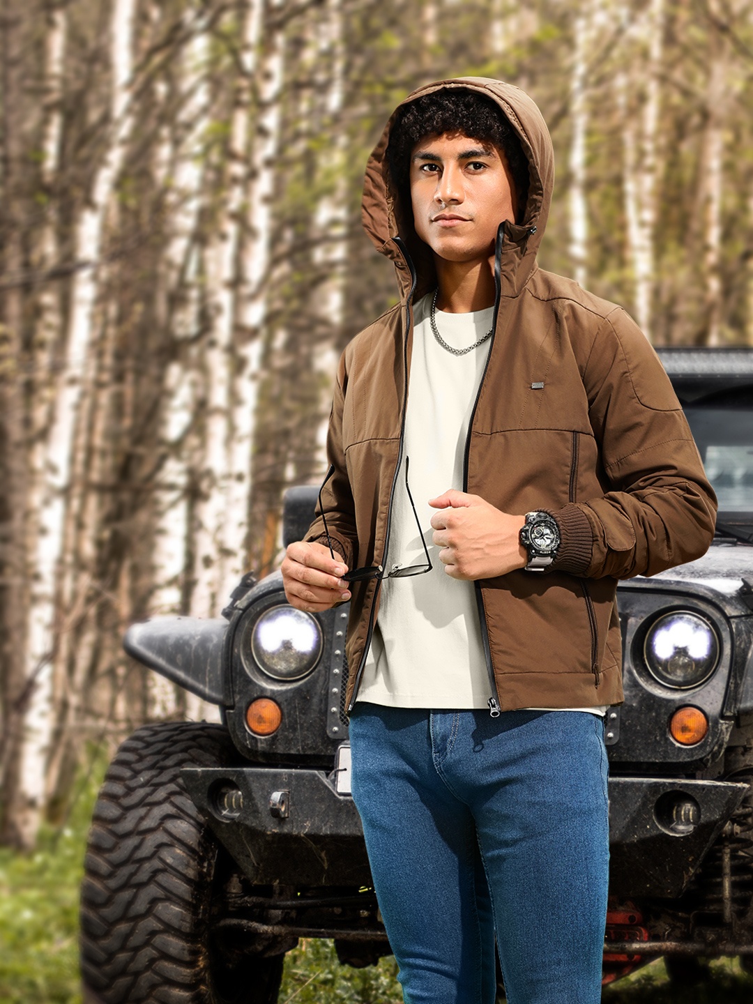 

Roadster Men Brown Solid Hooded Tailored Jacket