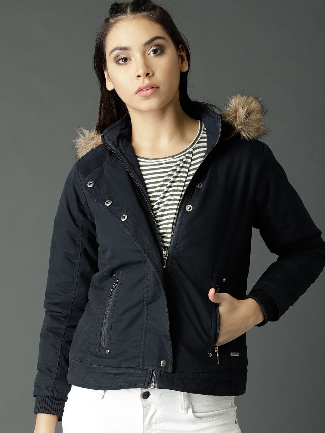 

Roadster Women Navy Blue Hooded Parka Jacket