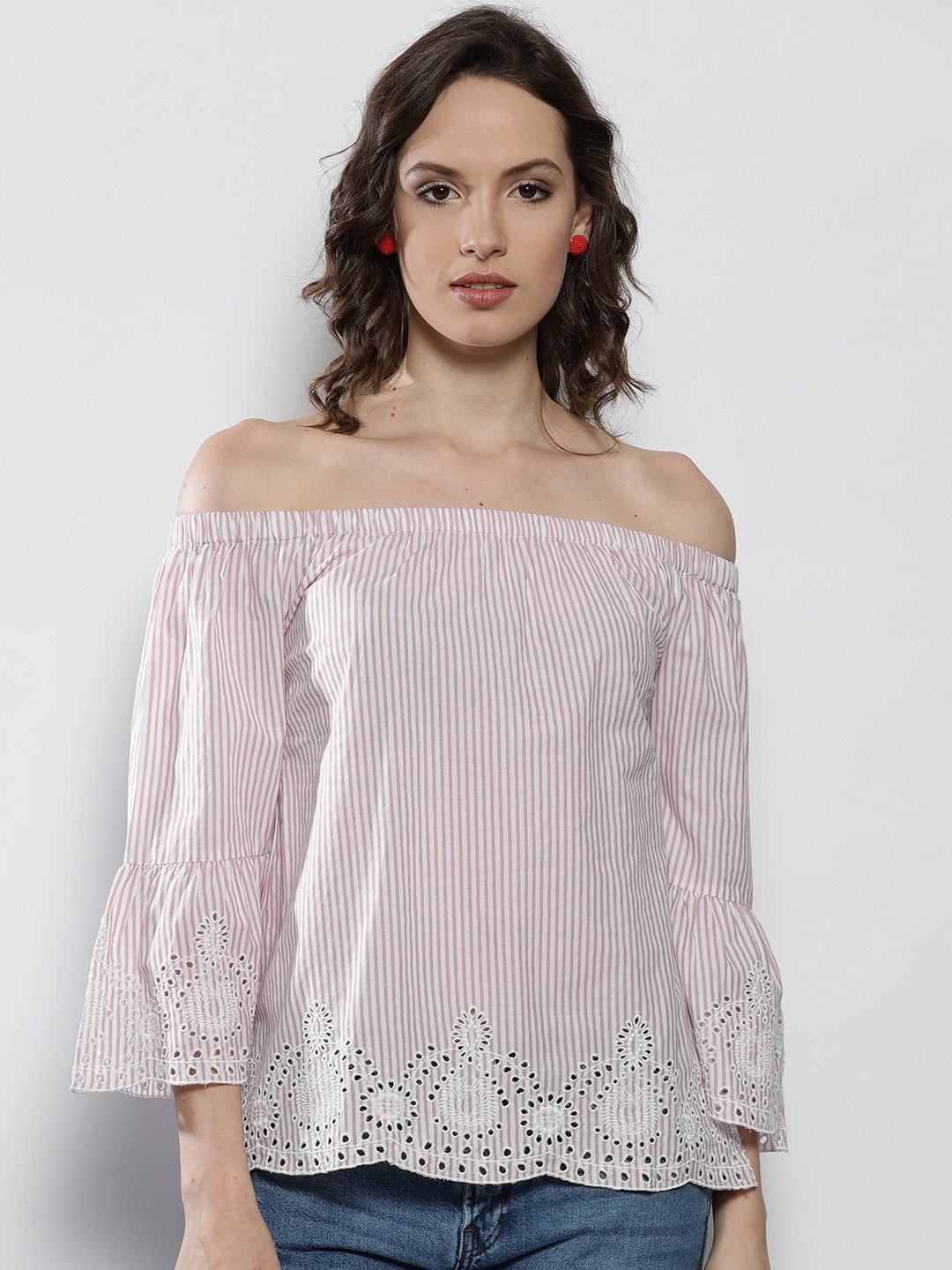 

DOROTHY PERKINS Women Off-White & Dusty Pink Striped Bardot Pure Cotton Top