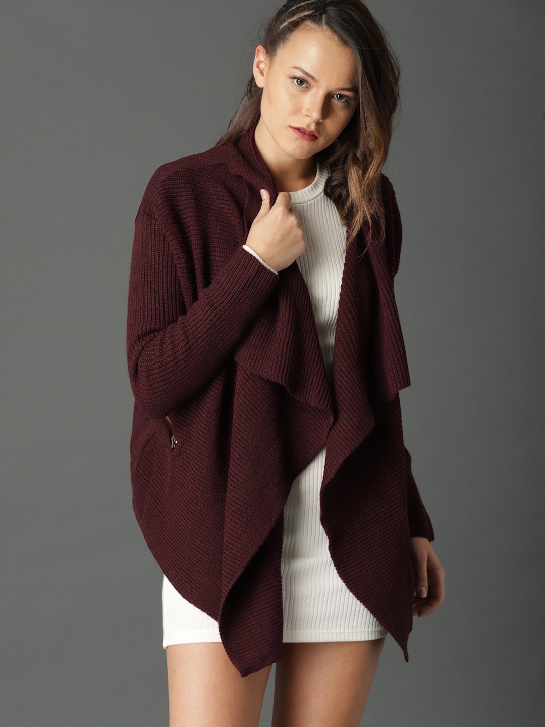 

Roadster Maroon Solid Open Front Shrug