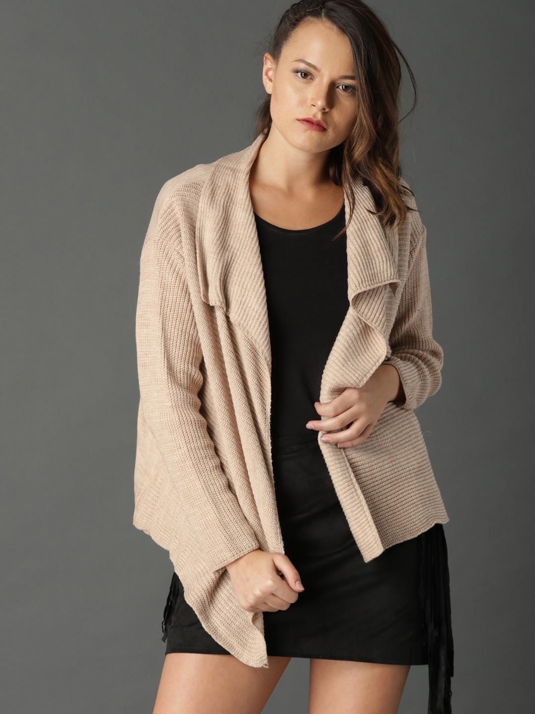 

Roadster Beige Solid Open Front Shrug