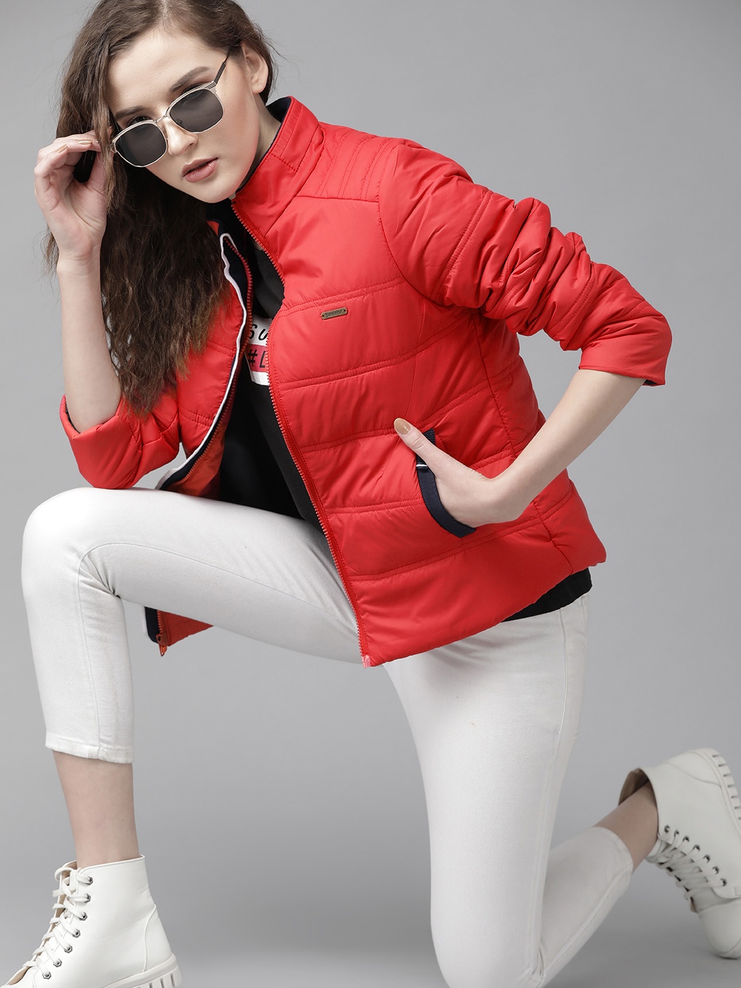 

Roadster Women Red Solid Padded Jacket