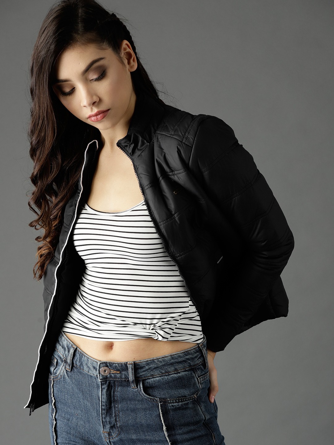 

Roadster Women Black Solid Padded Jacket