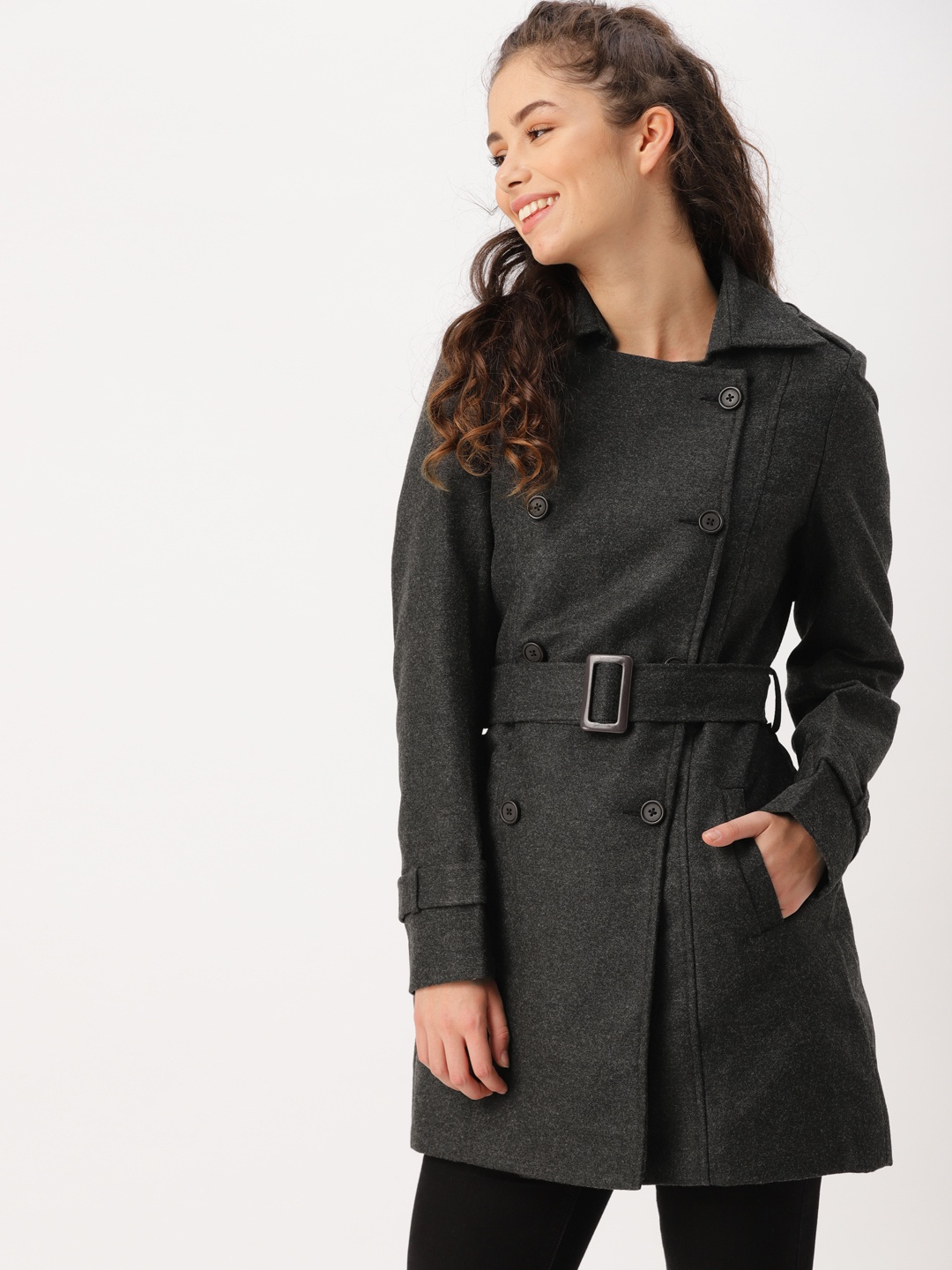 

DressBerry Women Charcoal Grey Trench Coat