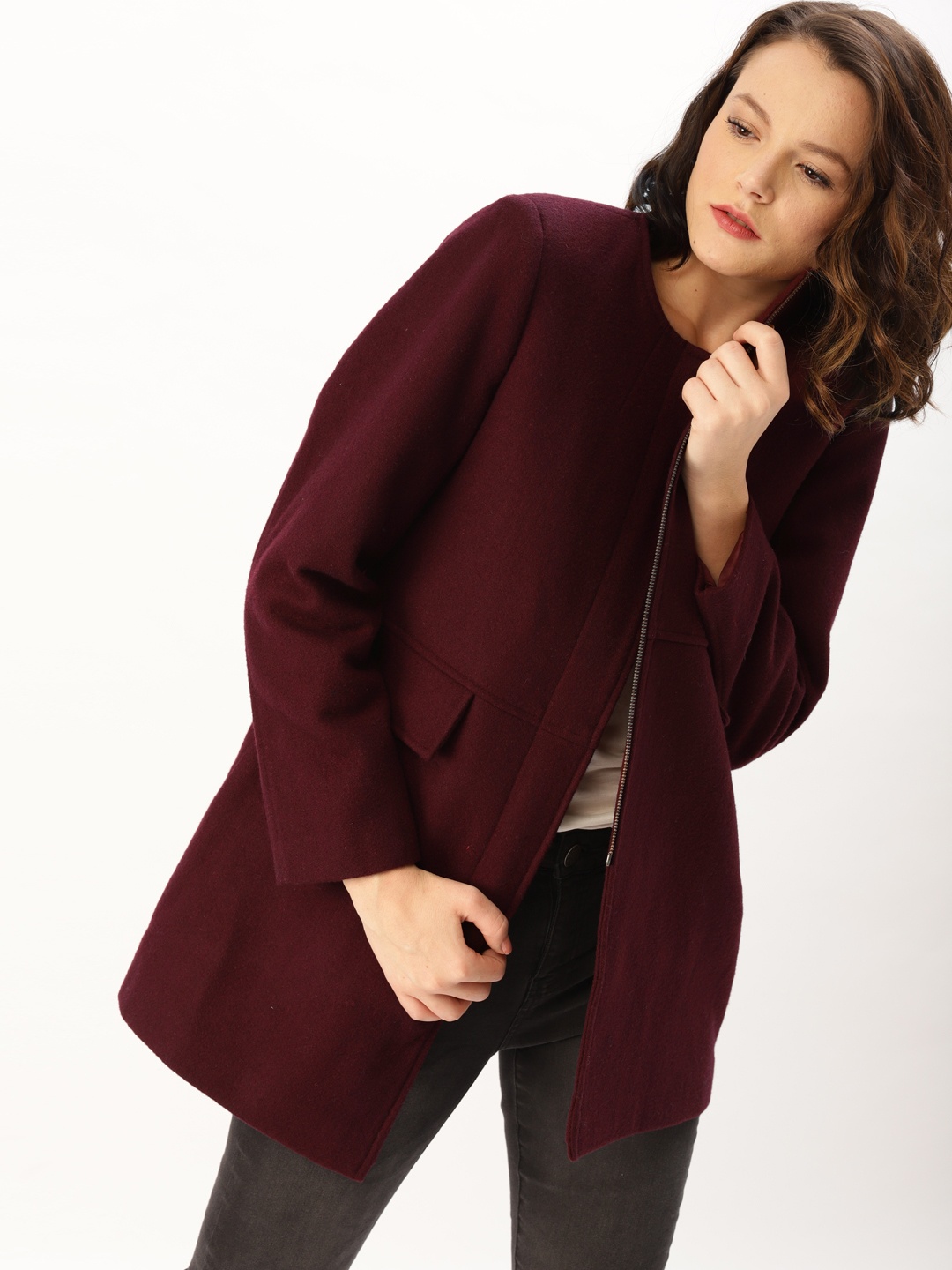 

DressBerry Women Burgundy Solid Over Coat