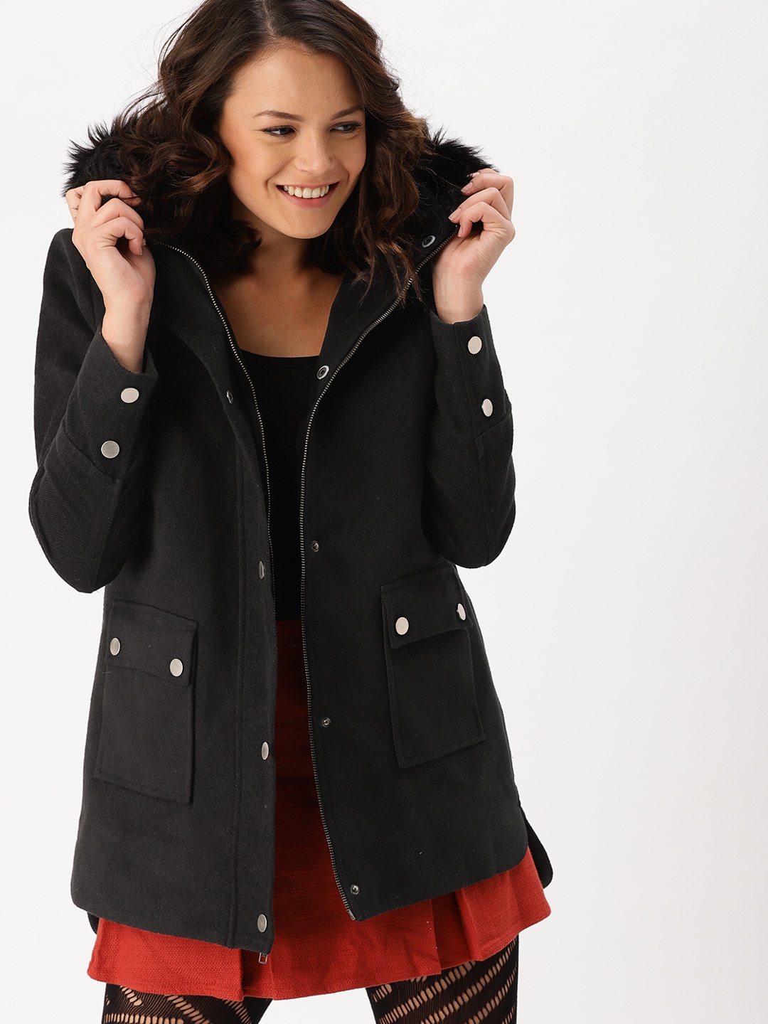 

DressBerry Women Black Hooded Parka Coat