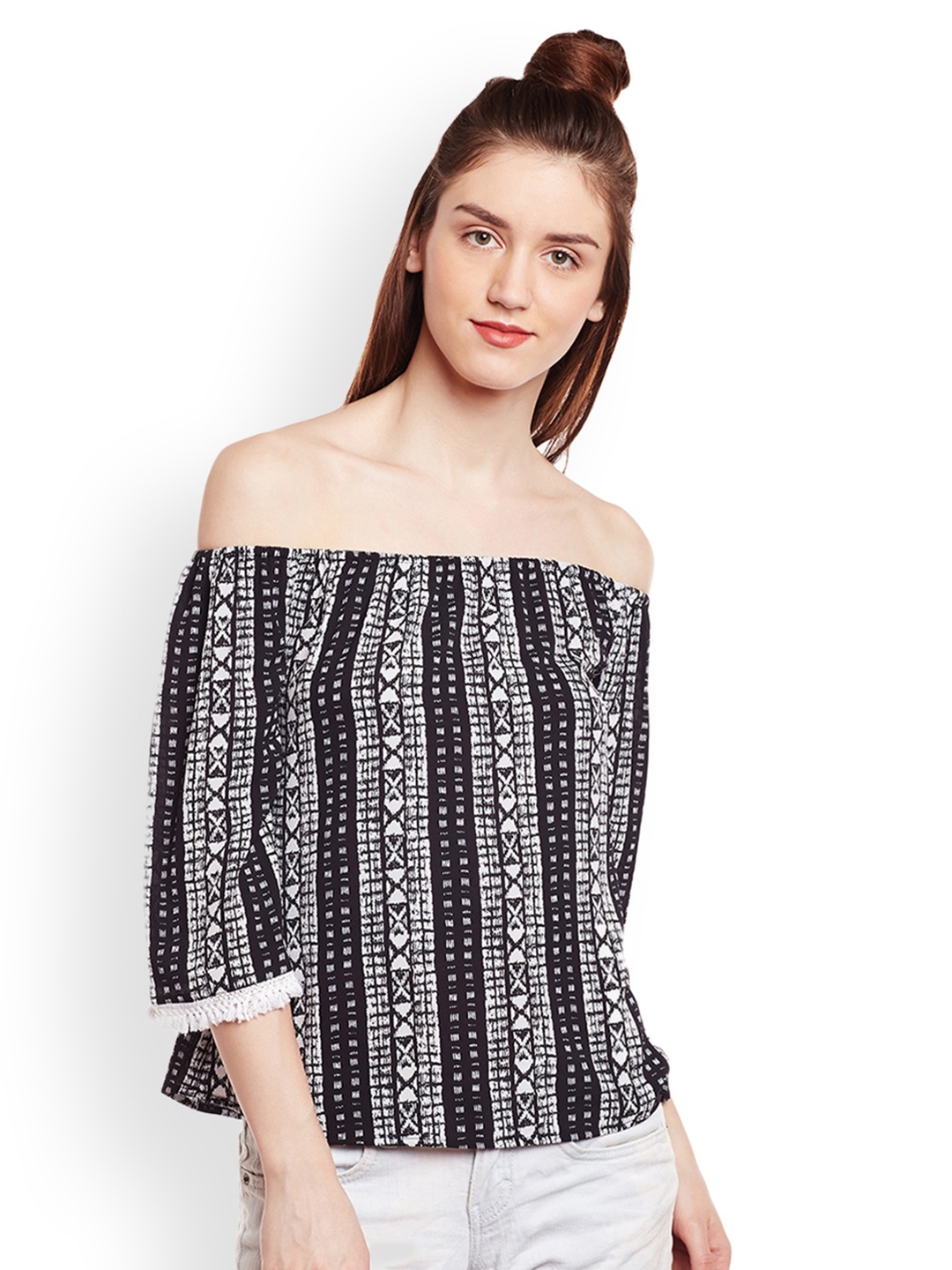 

LUCERO Women Black & White Geometric Print Off-Shoulder Bardot Top