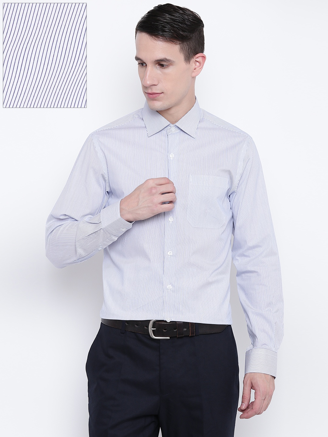 

Wills Lifestyle Men Navy & White Slim Fit Striped Formal Shirt, Navy blue