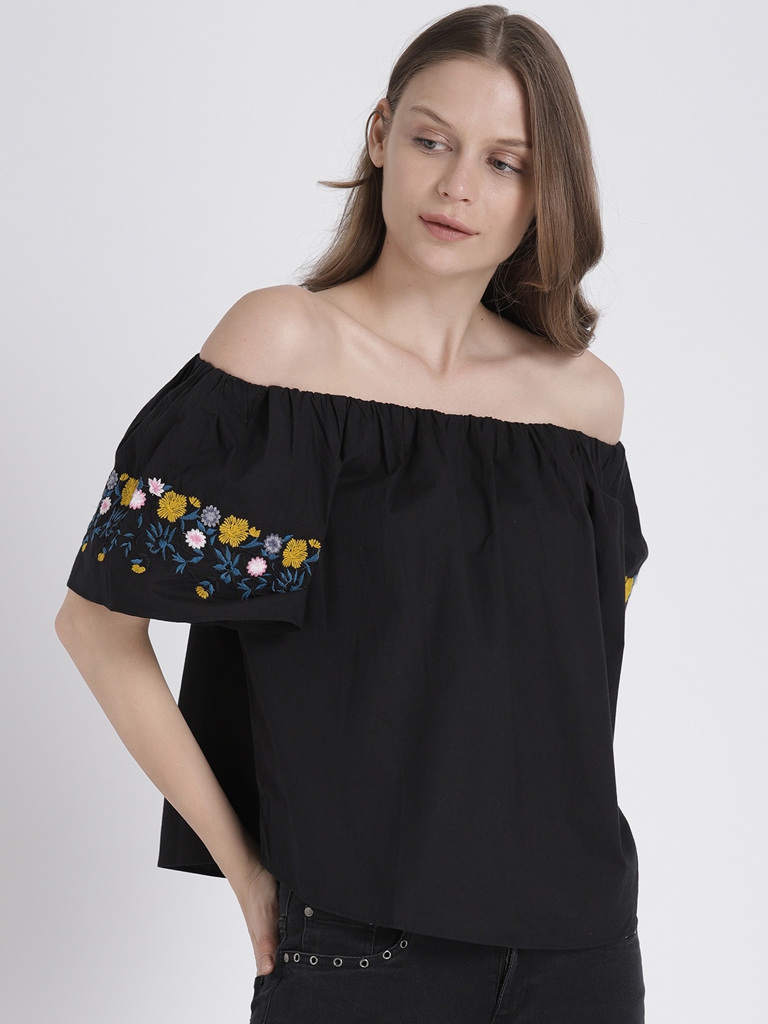 

Splash Women Black Solid Bardot Pure Cotton Top