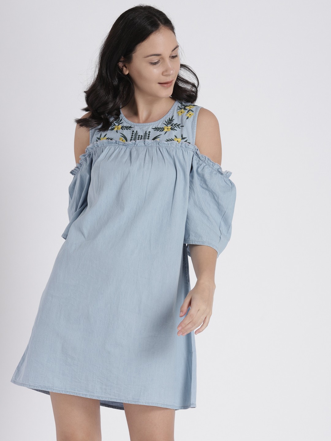 

Splash Women Blue Solid Denim A-Line Dress with SIde Pockets