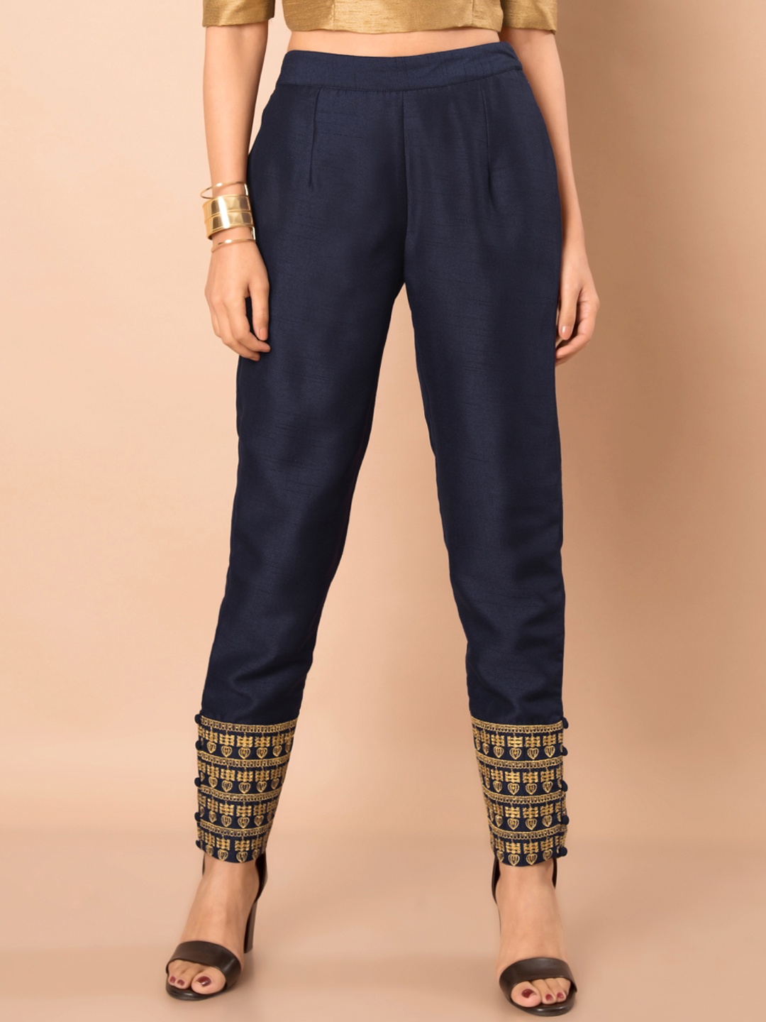

INDYA Women Navy Blue Slim Fit Solid Parallel Trousers