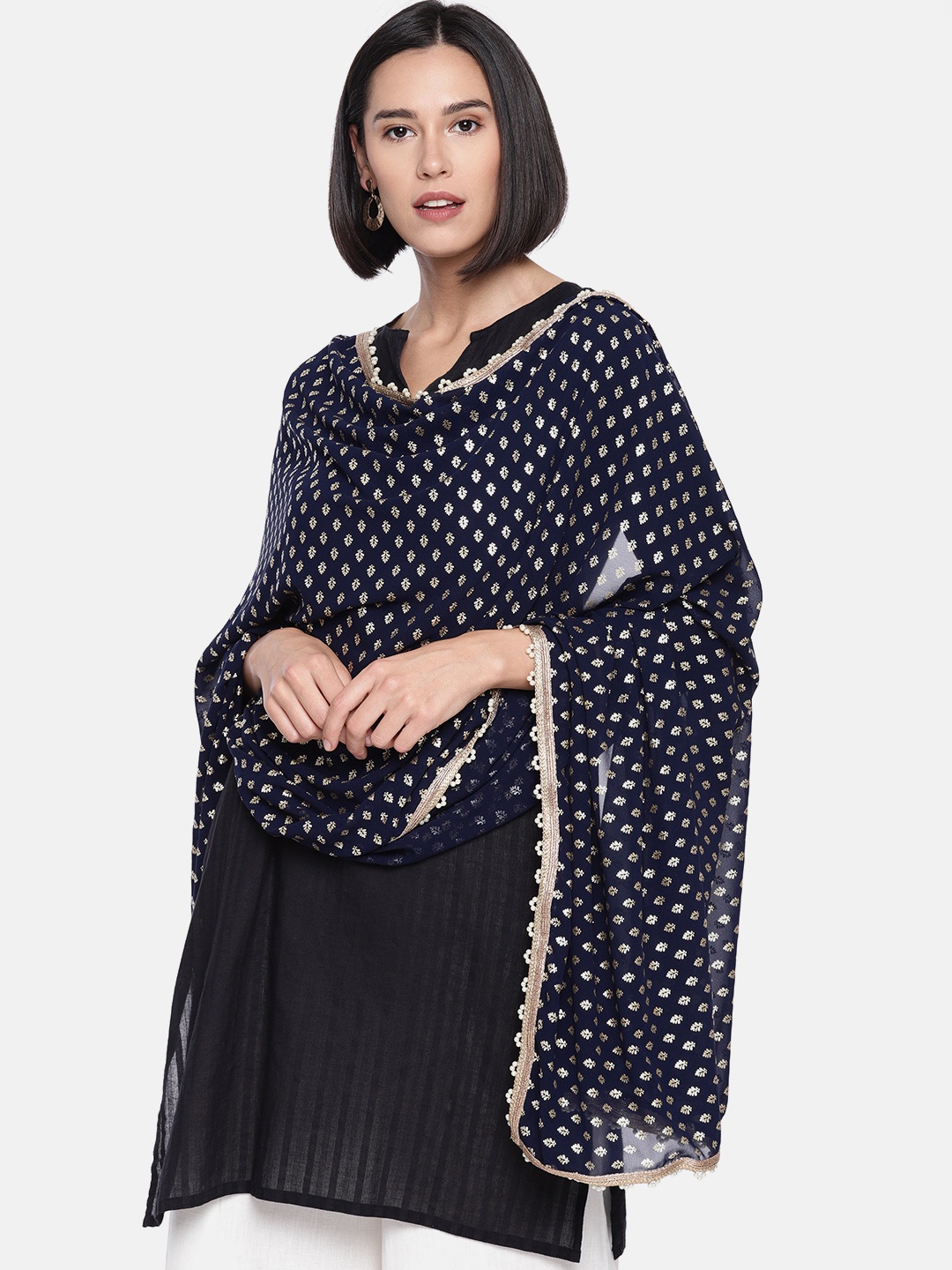 

INDYA Navy Blue Printed Dupatta
