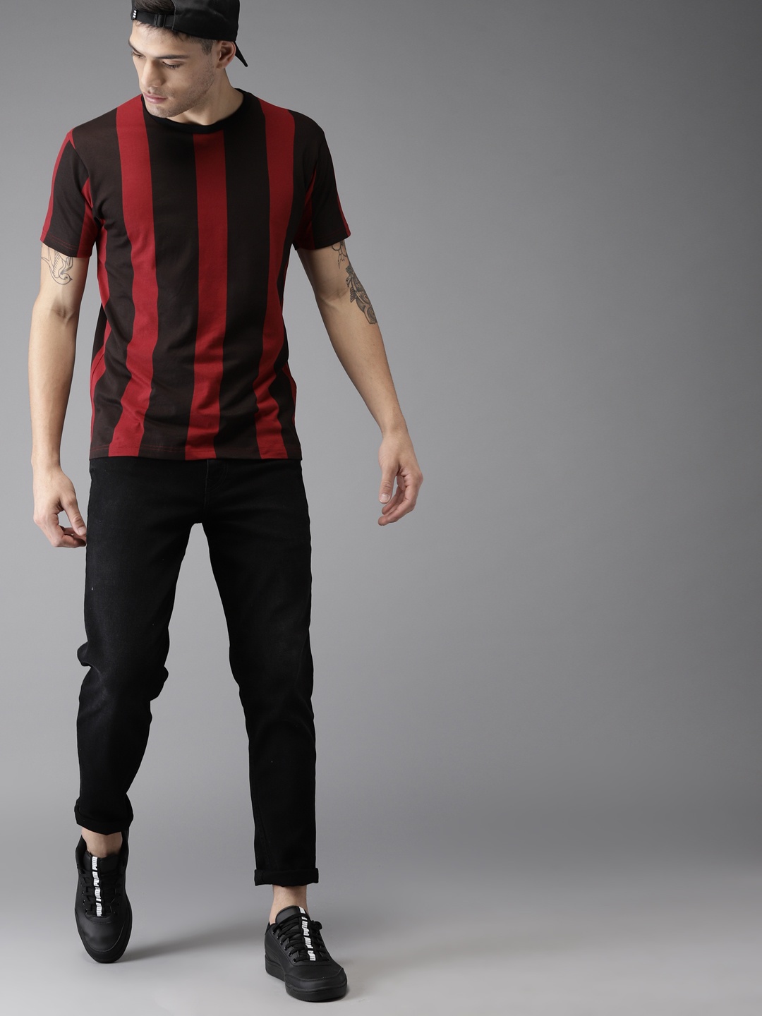 

HERE&NOW Men Red & Brown Striped Cotton T-shirt