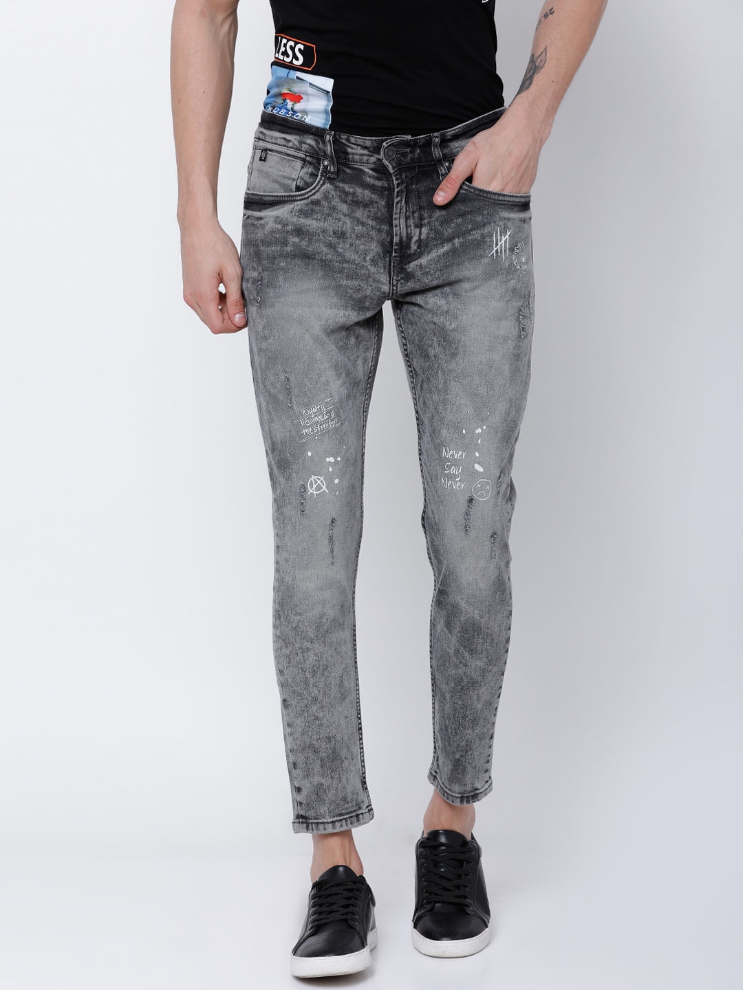 

LOCOMOTIVE Men Grey Tapered Fit Mid-Rise Mildly Distressed Stretchable Jeans