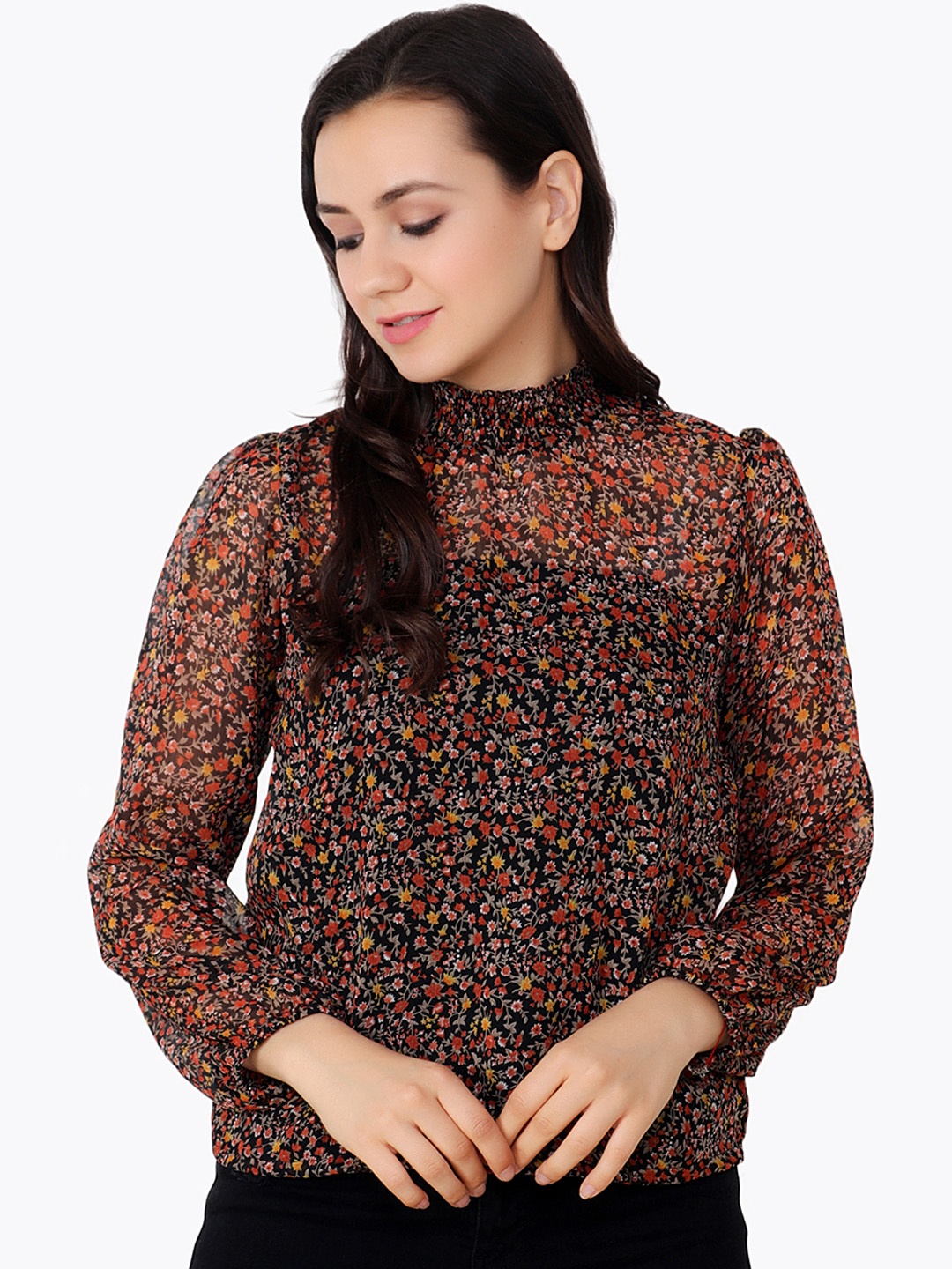

Cation Women Black Ditsy Floral Print Top