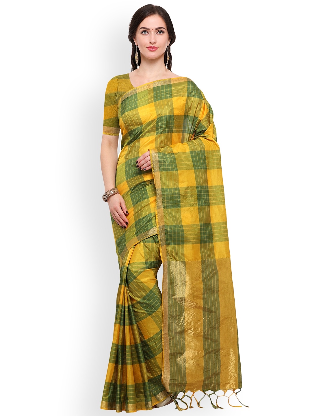 

Blissta Yellow & Green Silk Blend Checked Saree
