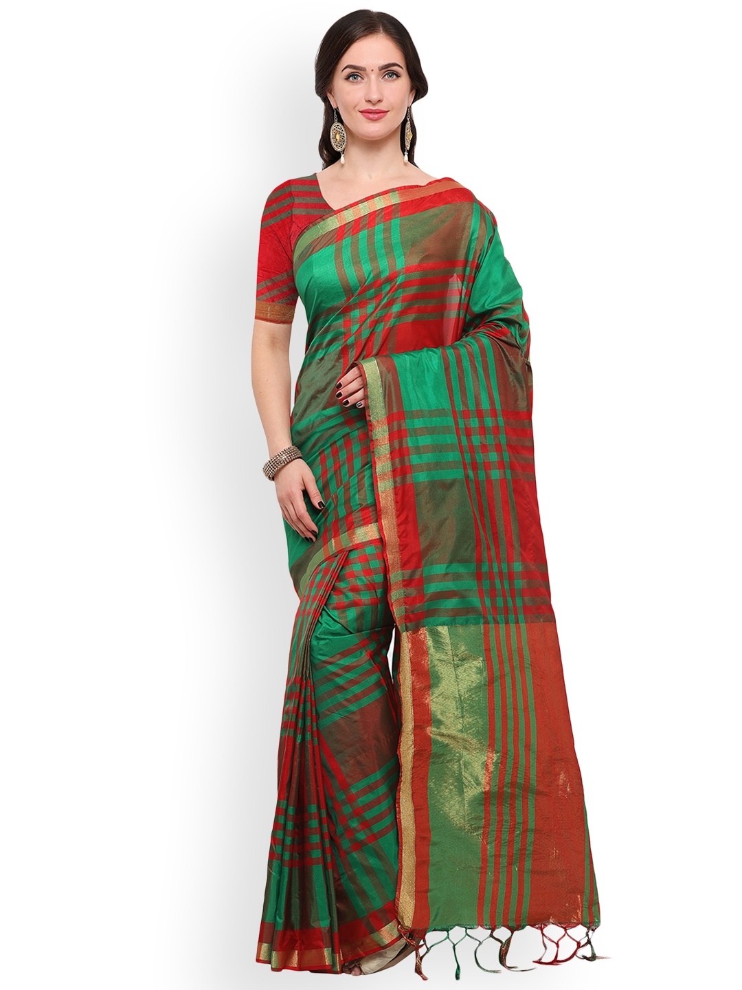 

Blissta Green & Red Silk Blend Checked Saree