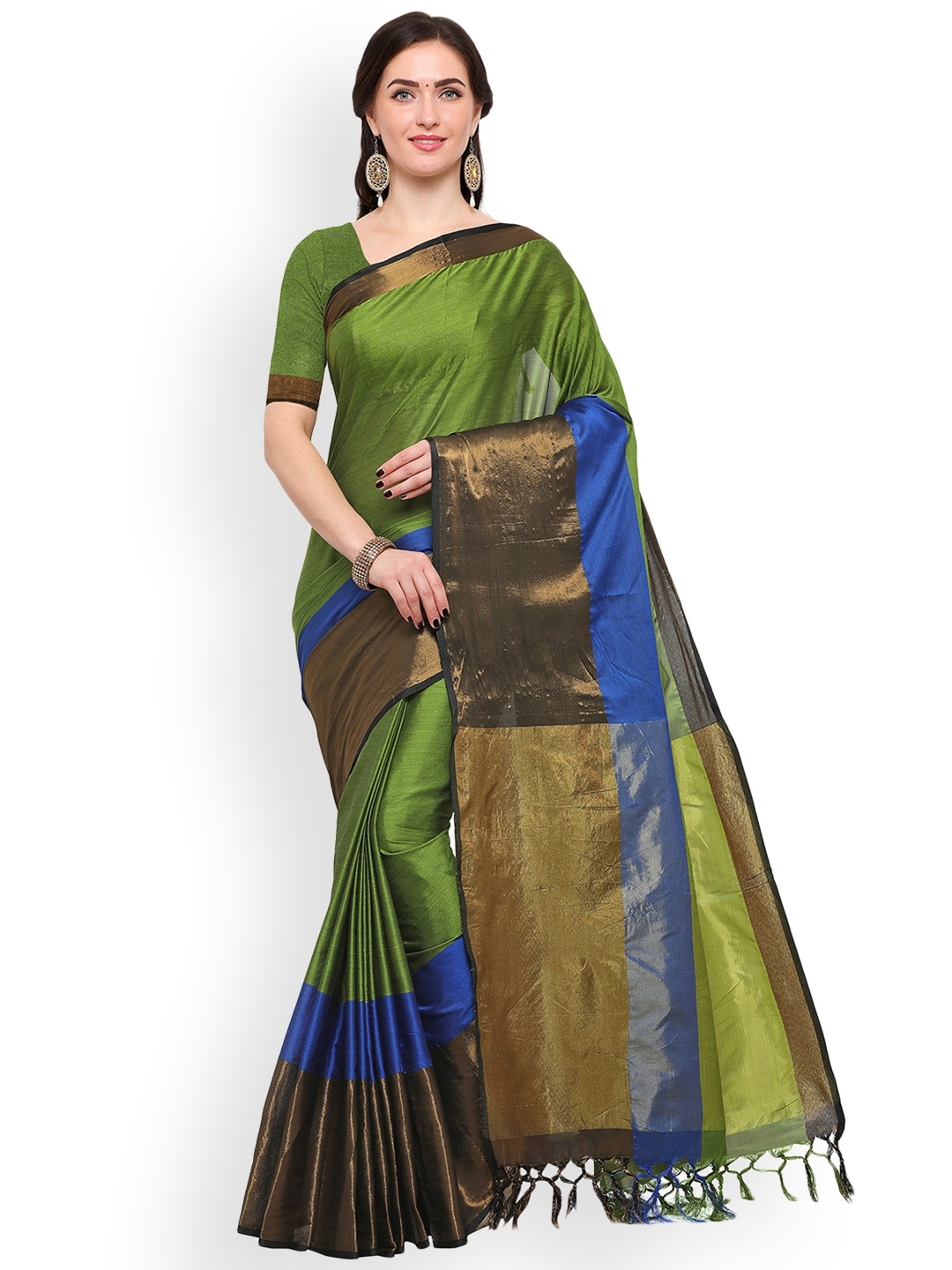 

Blissta Green & Gold-Toned Silk Cotton Woven Design Saree