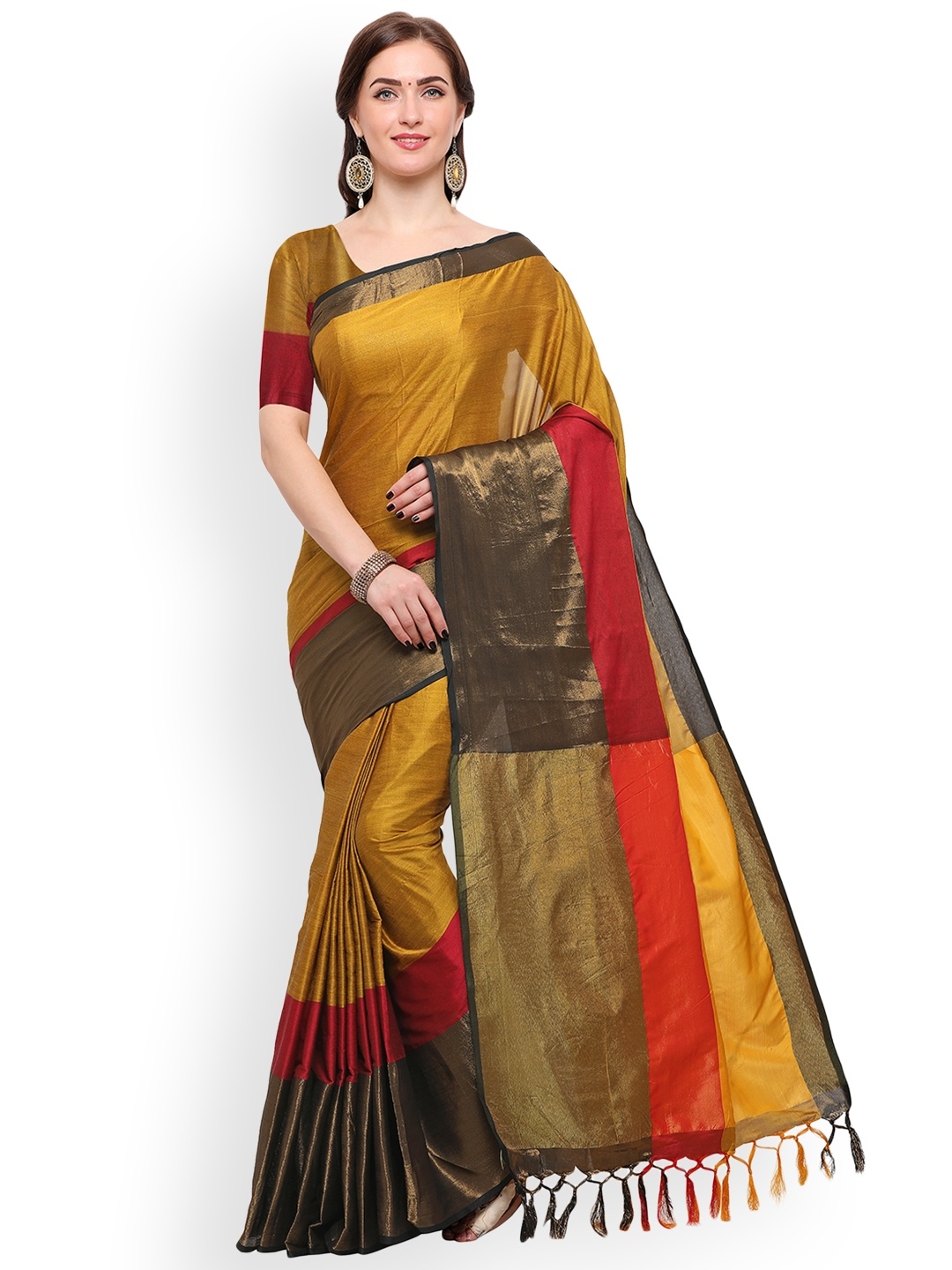 

Blissta Yellow & Gold-Toned Silk Cotton Woven Design Saree