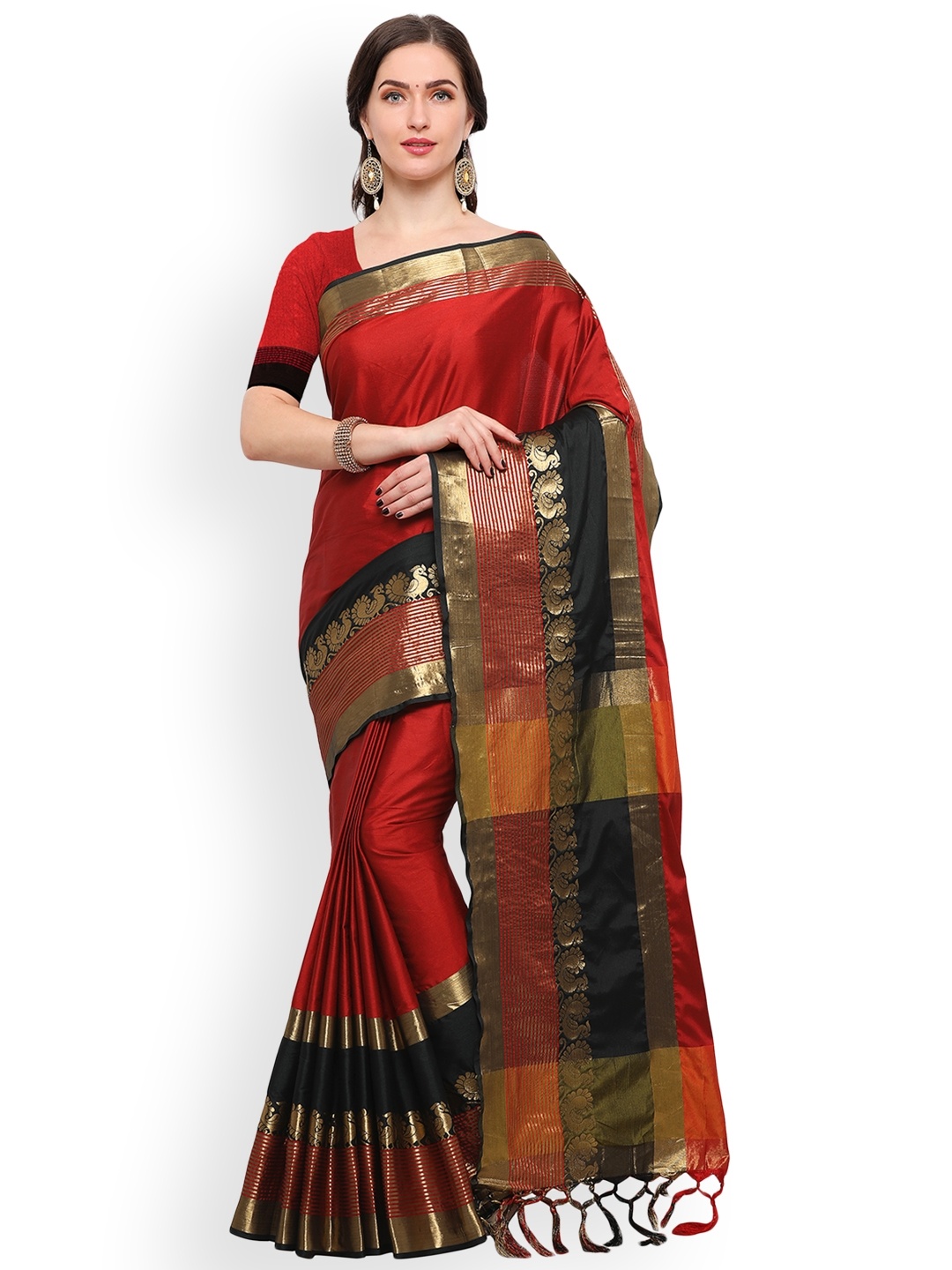 

Blissta Red & Black Silk Cotton Woven Design Saree