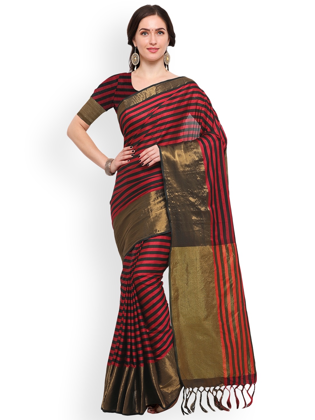 

Blissta Red & Black Silk Cotton Striped Saree