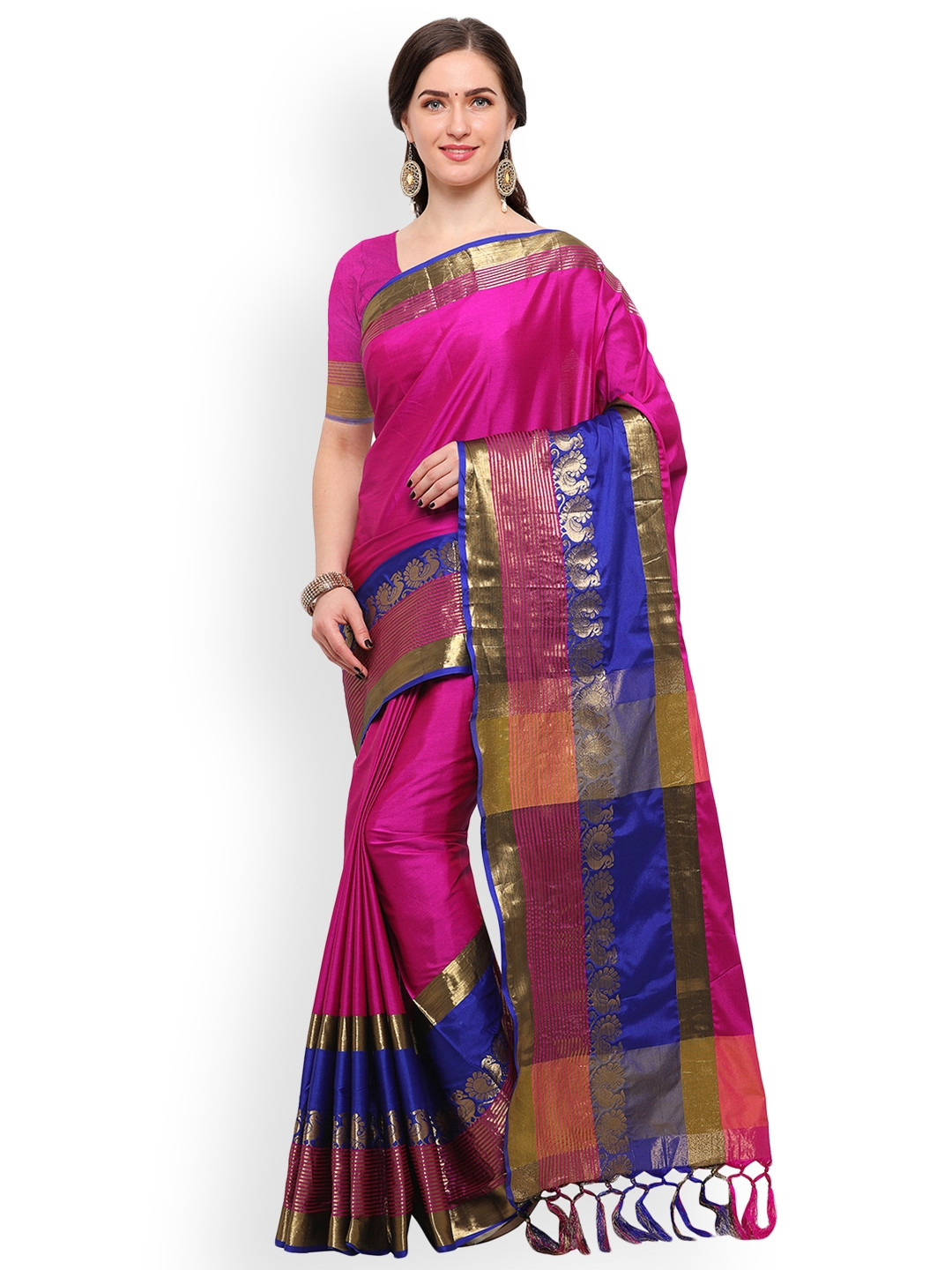 

Blissta Pink & Blue Silk Cotton Woven Design Saree