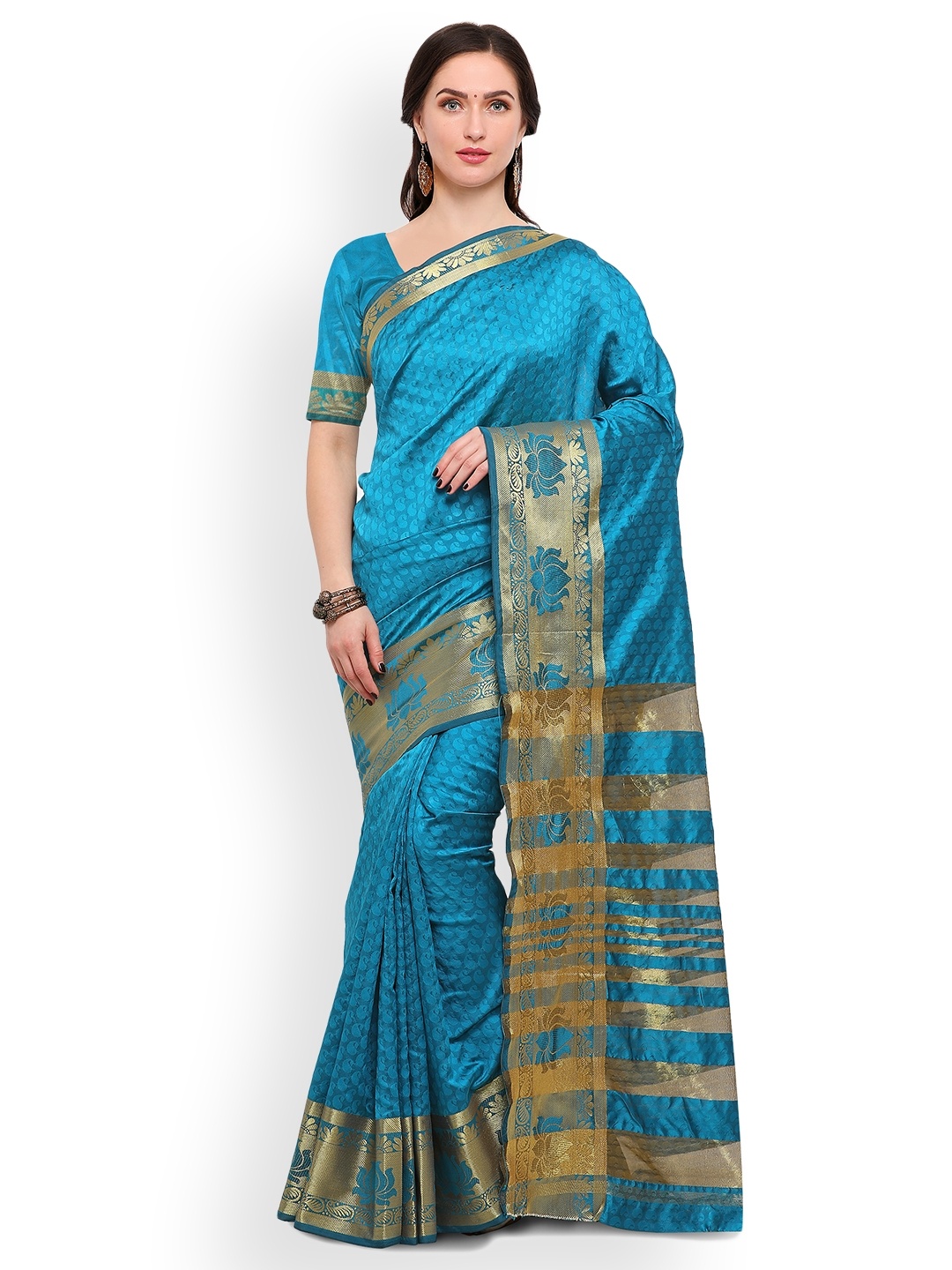 

Blissta Blue & Gold-Toned Silk Blend Woven Design Banarasi Saree