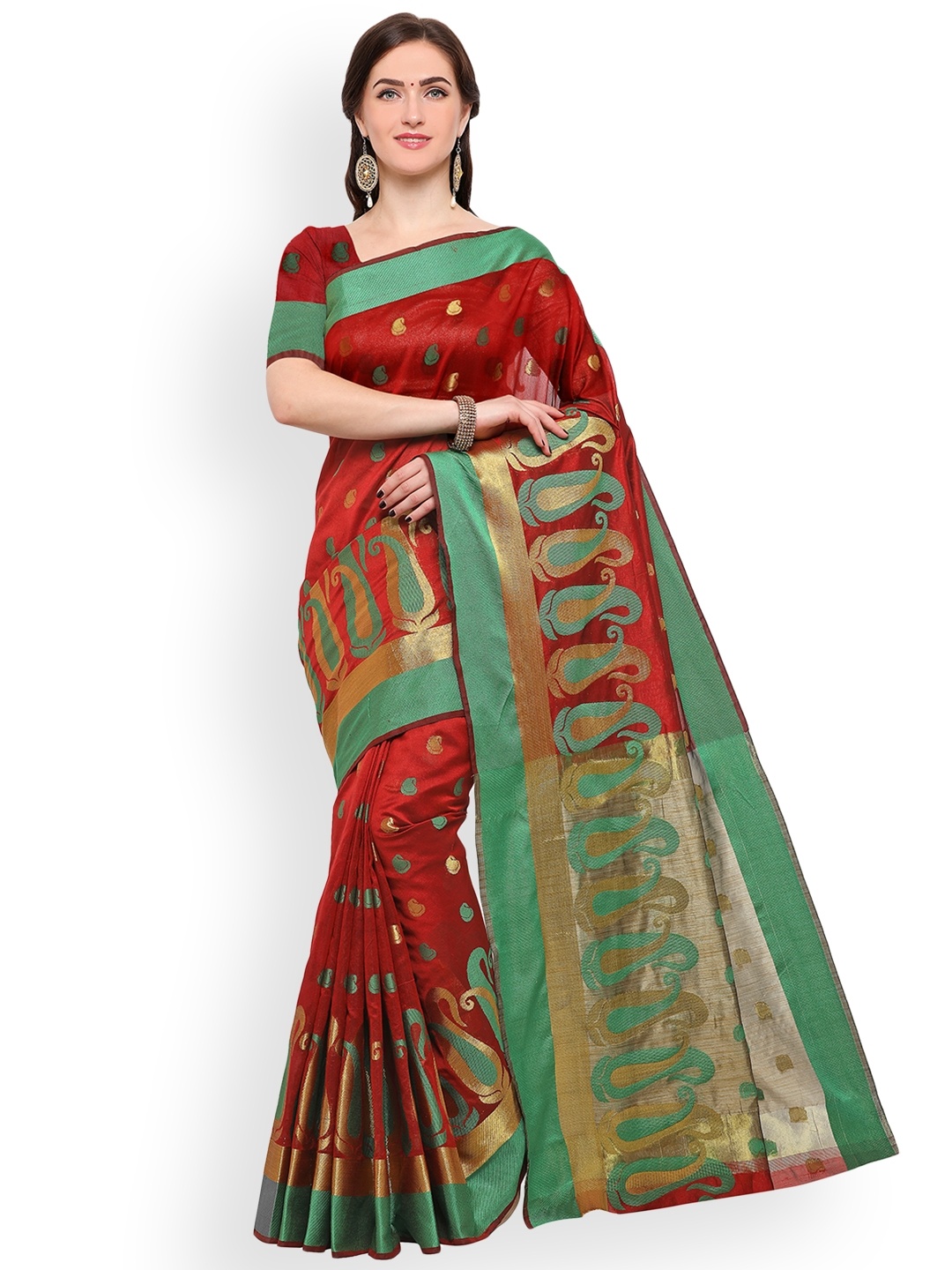 

Blissta Red & Green Silk Blend Woven Design Banarasi Saree