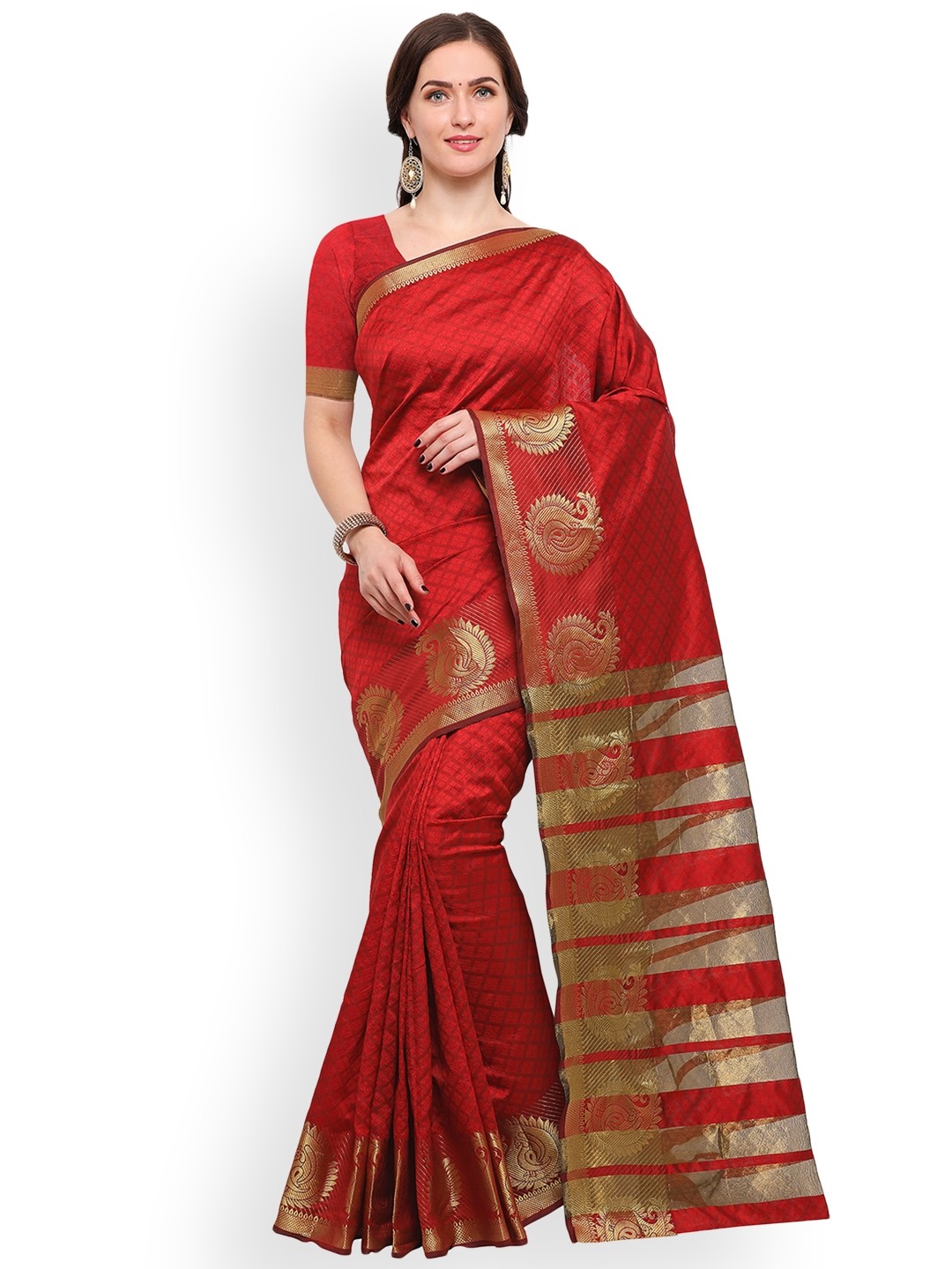 

Blissta Red & Gold-Toned Silk Blend Woven Design Banarasi Saree