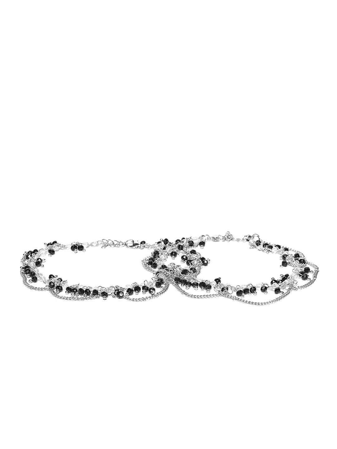 

Blueberry Set of 2 Silver-Toned & Black Beaded Chain Anklets