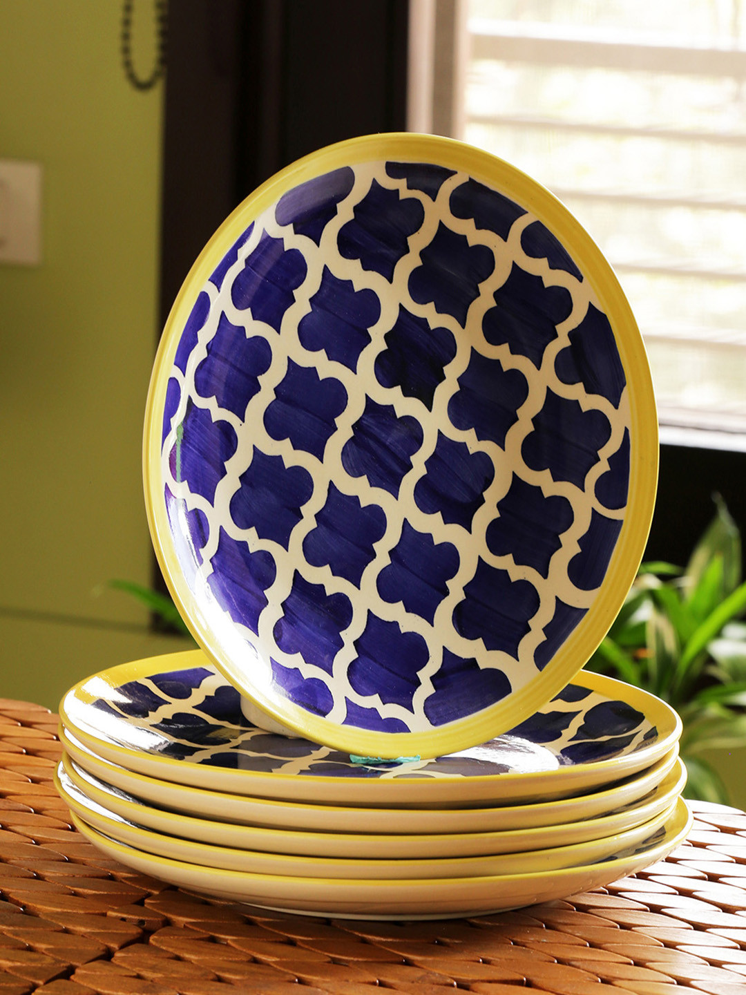 

ExclusiveLane Set of 6 Blue Handpainted Ceramic Dinner Plates, Yellow