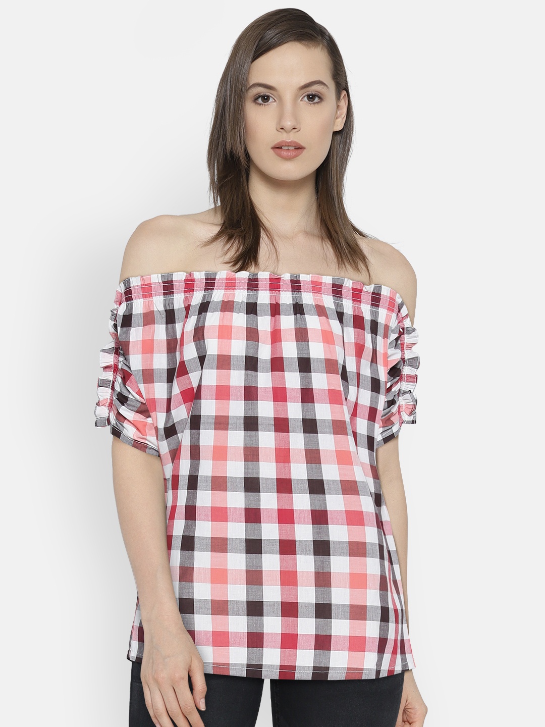 

AND Women Red & Brown Checked Bardot Pure Cotton Top