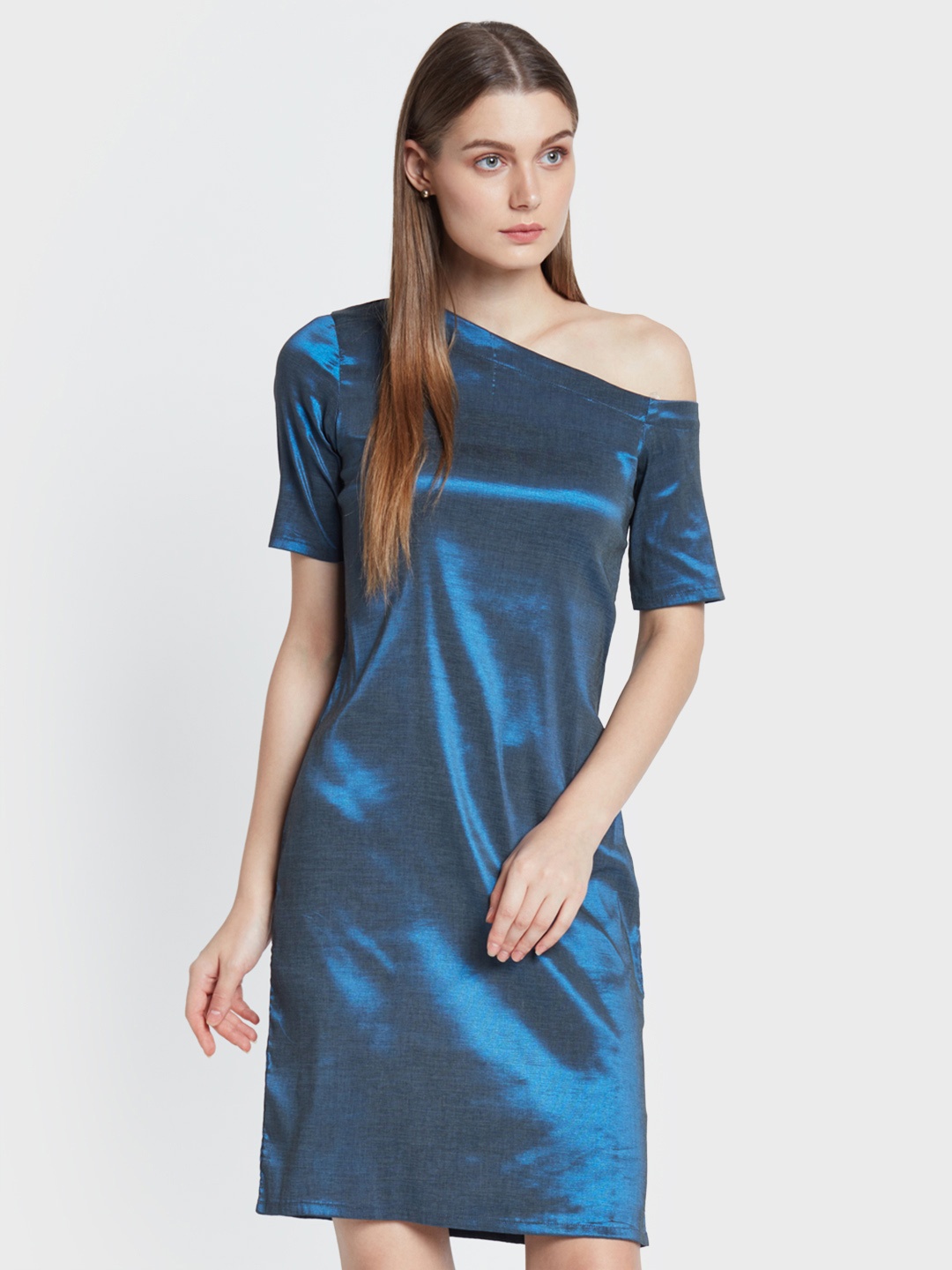 

AND Women Blue One-Shoulder Sheath Dress