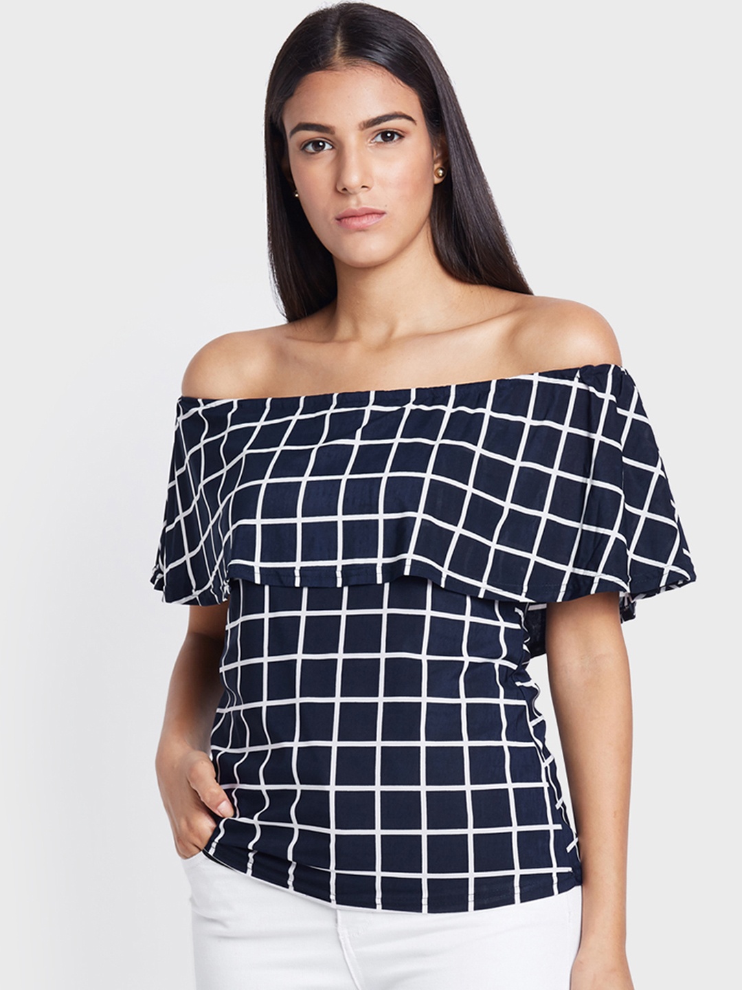 

AND Women Navy Blue & White Checked Bardot Top